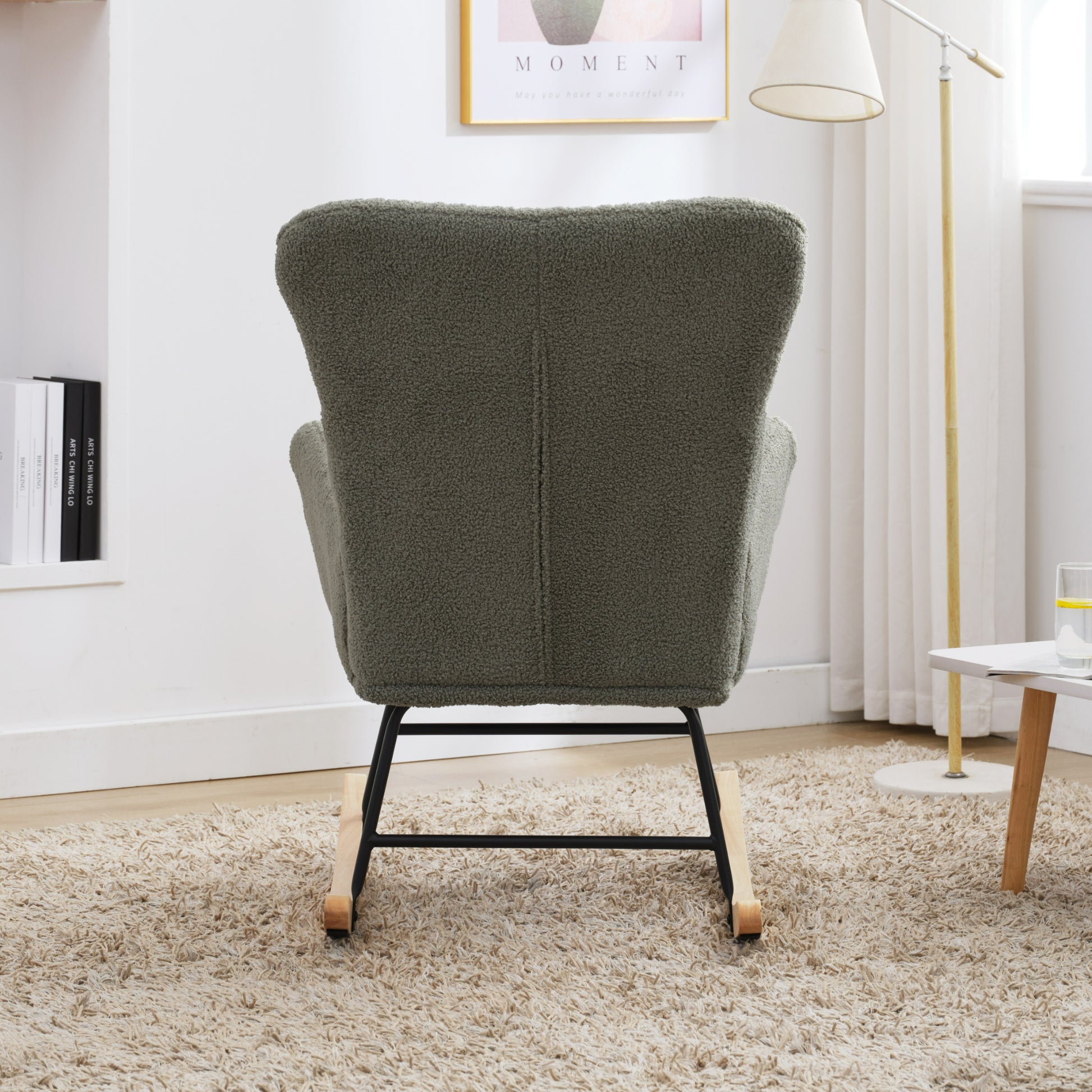 Nursery Rocking Chair, Teddy Upholstered Glider Rocker, Rocking Accent Chair With High Backrest, Comfy Rocking Accent Armchair For Living Room, Bedroom, Offices, Green Iron Green Primary Living Space Varnished Sponge Square Casual Rocking Chairs