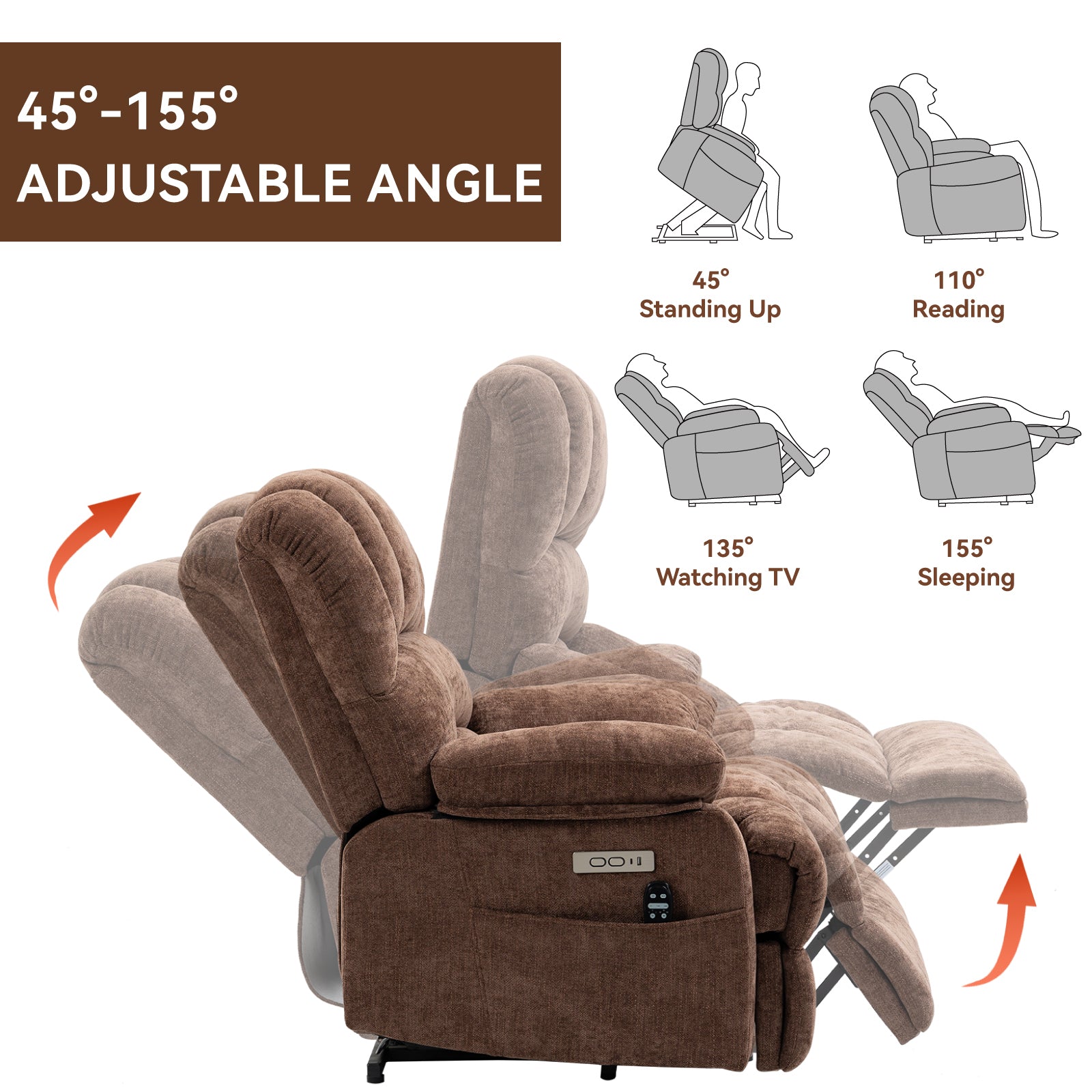 23" Seat Width And High Back Large Size Chenille Power Lift Recliner Chair With 8 Point Vibration Massage And Lumbar Heating, Brown White Metal Primary Living Space Heavy Duty Pine Dark Brown Chenille Power Push Button Medium Firm Cushion Back American