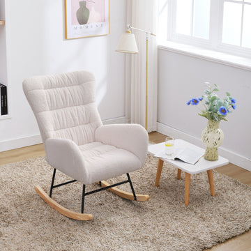 Nursery Rocking Chair, Teddy Upholstered Glider Rocker, Rocking Accent Chair With High Backrest, Comfy Rocking Accent Armchair For Living Room, Bedroom, Offices, White Iron White Primary Living Space Varnished Sponge Square Casual Rocking Chairs