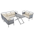 5 Piece Modern Patio Sectional Sofa Set Outdoor Woven Rope Furniture Set With Glass Table And Cushions, Gray Beige Yes Sectional Gray Beige Weather Resistant Frame Water Resistant Cushion Garden & Outdoor Modern Sectional Seating Groups Foam Woven Rope