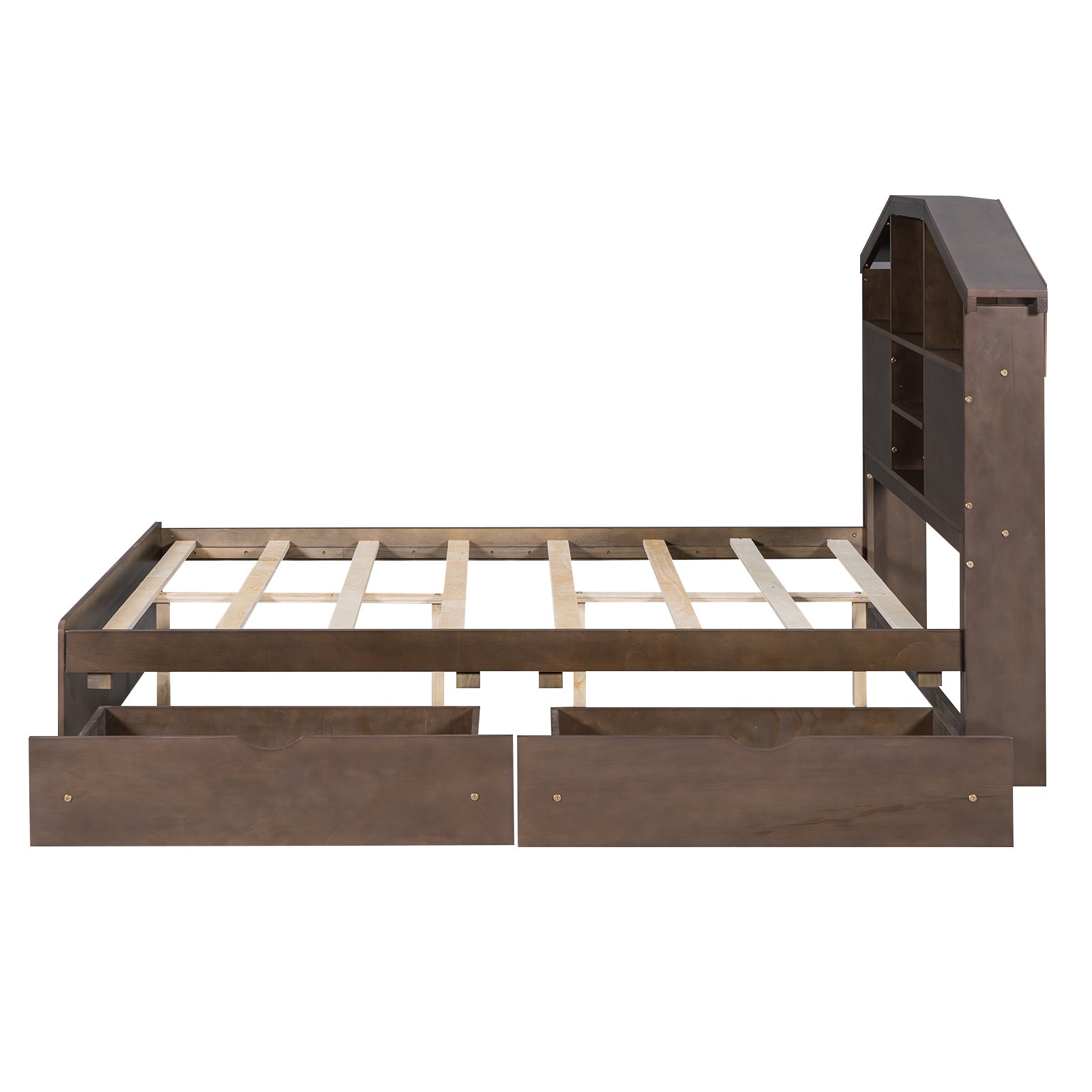 Full Size Wood Platform Bed With House Shaped Storage Headboard And 2 Drawers, Walnut Box Spring Not Required Full Walnut Wood Bedroom Solid Wood Mdf