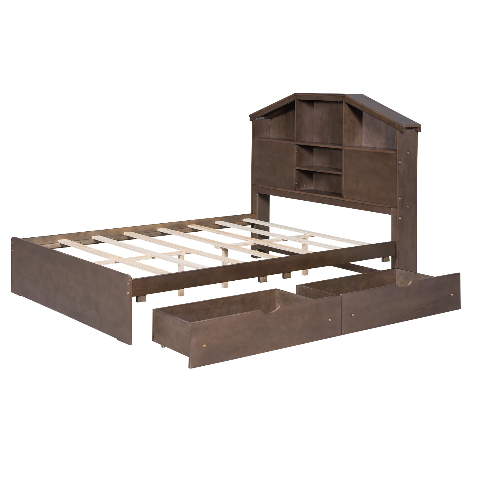 Full Size Wood Platform Bed With House Shaped Storage Headboard And 2 Drawers, Walnut Box Spring Not Required Full Walnut Wood Bedroom Solid Wood Mdf
