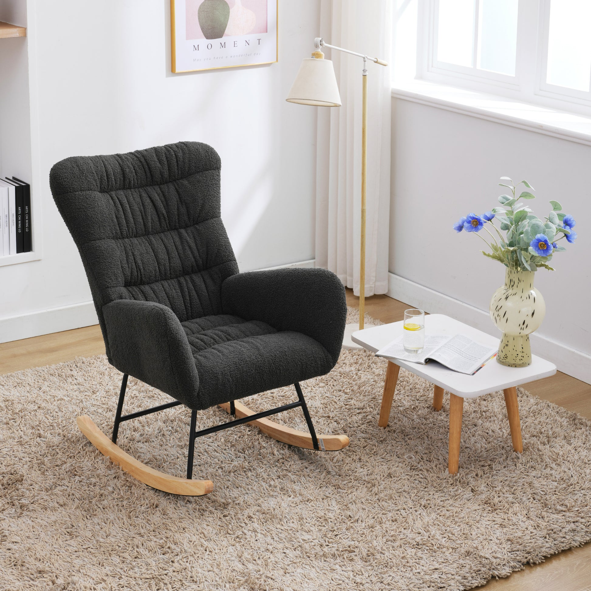 Nursery Rocking Chair, Teddy Upholstered Glider Rocker, Rocking Accent Chair With High Backrest, Comfy Rocking Accent Armchair For Living Room, Bedroom, Offices, Dark Gray Iron Dark Gray Primary Living Space Varnished Sponge Square Casual Rocking Chairs