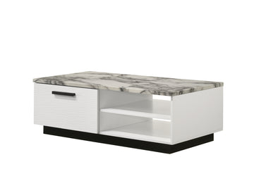 Matilda 47" White Coffee Table With White Faux Marble Top White Mdf