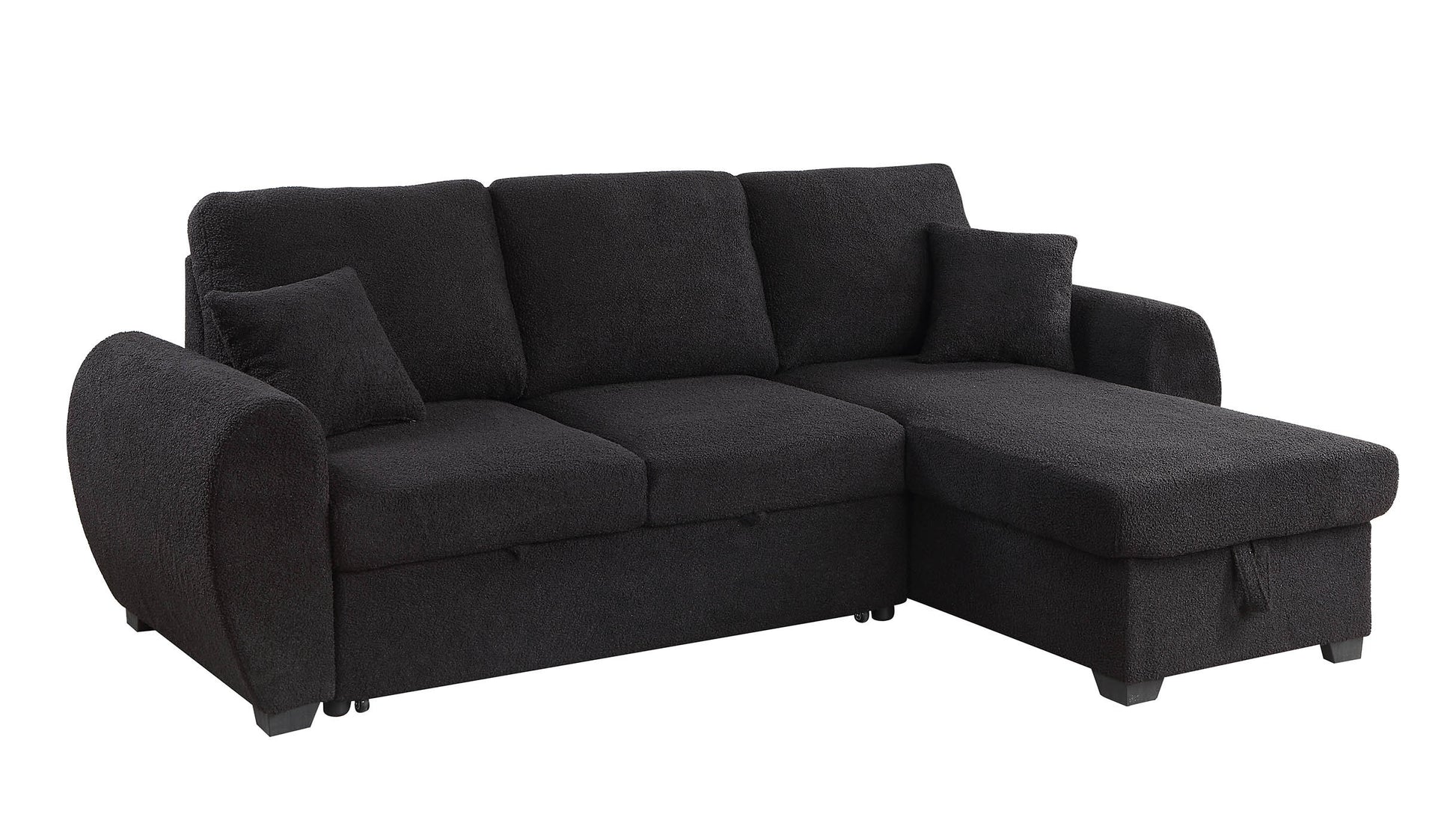 Veronica 95" Black Teddy Fleece Reversible Sleeper Sectional Sofa With Storage Chaise Black Teddy