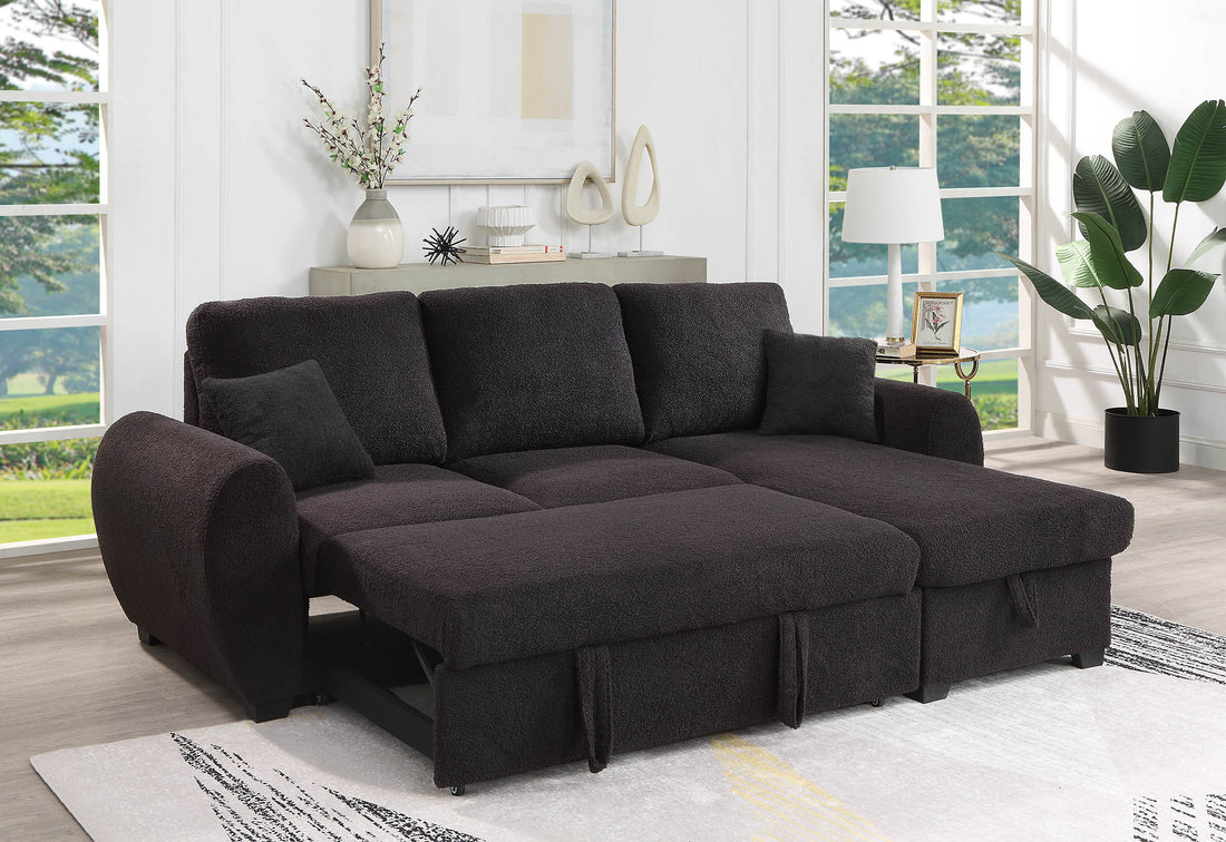 Veronica 95" Black Teddy Fleece Reversible Sleeper Sectional Sofa With Storage Chaise Black Teddy