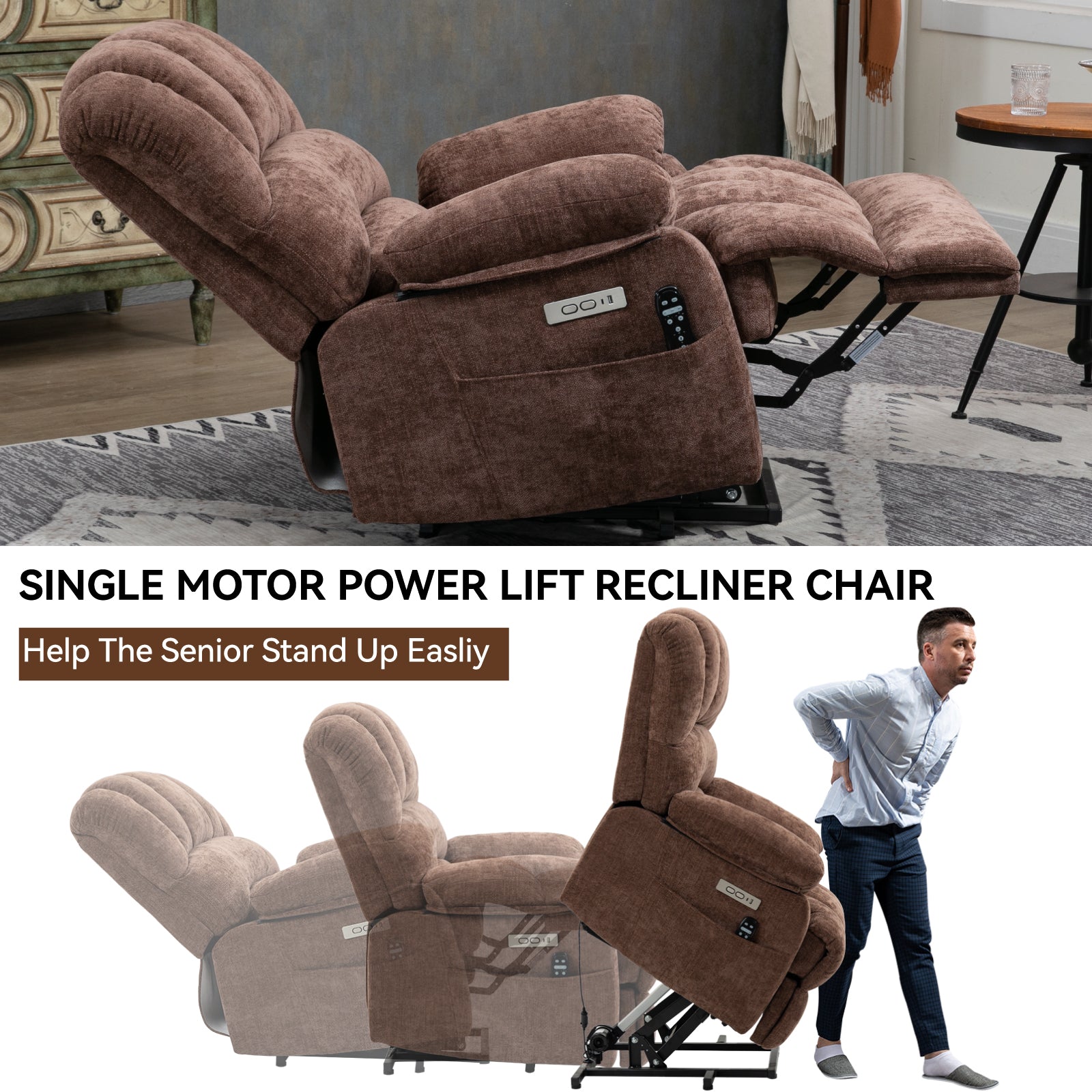 23" Seat Width And High Back Large Size Chenille Power Lift Recliner Chair With 8 Point Vibration Massage And Lumbar Heating, Brown White Metal Primary Living Space Heavy Duty Pine Dark Brown Chenille Power Push Button Medium Firm Cushion Back American