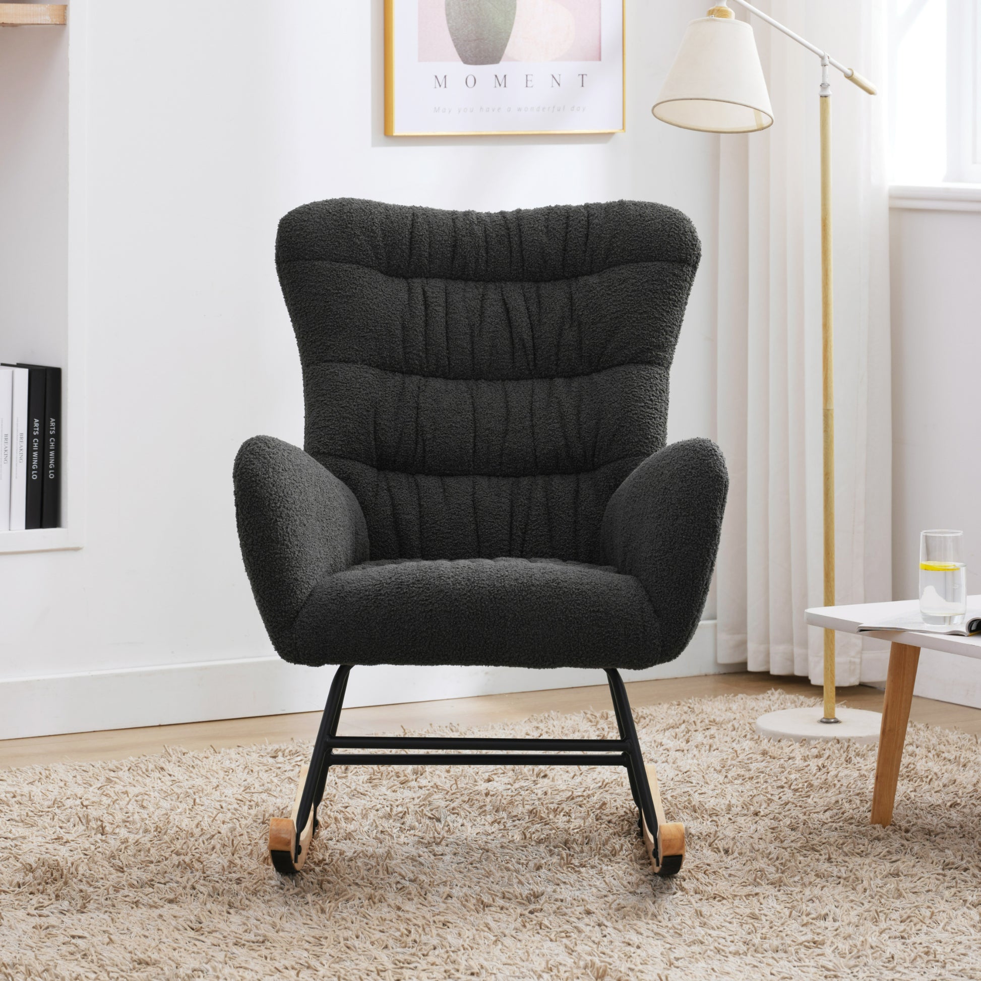 Nursery Rocking Chair, Teddy Upholstered Glider Rocker, Rocking Accent Chair With High Backrest, Comfy Rocking Accent Armchair For Living Room, Bedroom, Offices, Dark Gray Iron Dark Gray Primary Living Space Varnished Sponge Square Casual Rocking Chairs