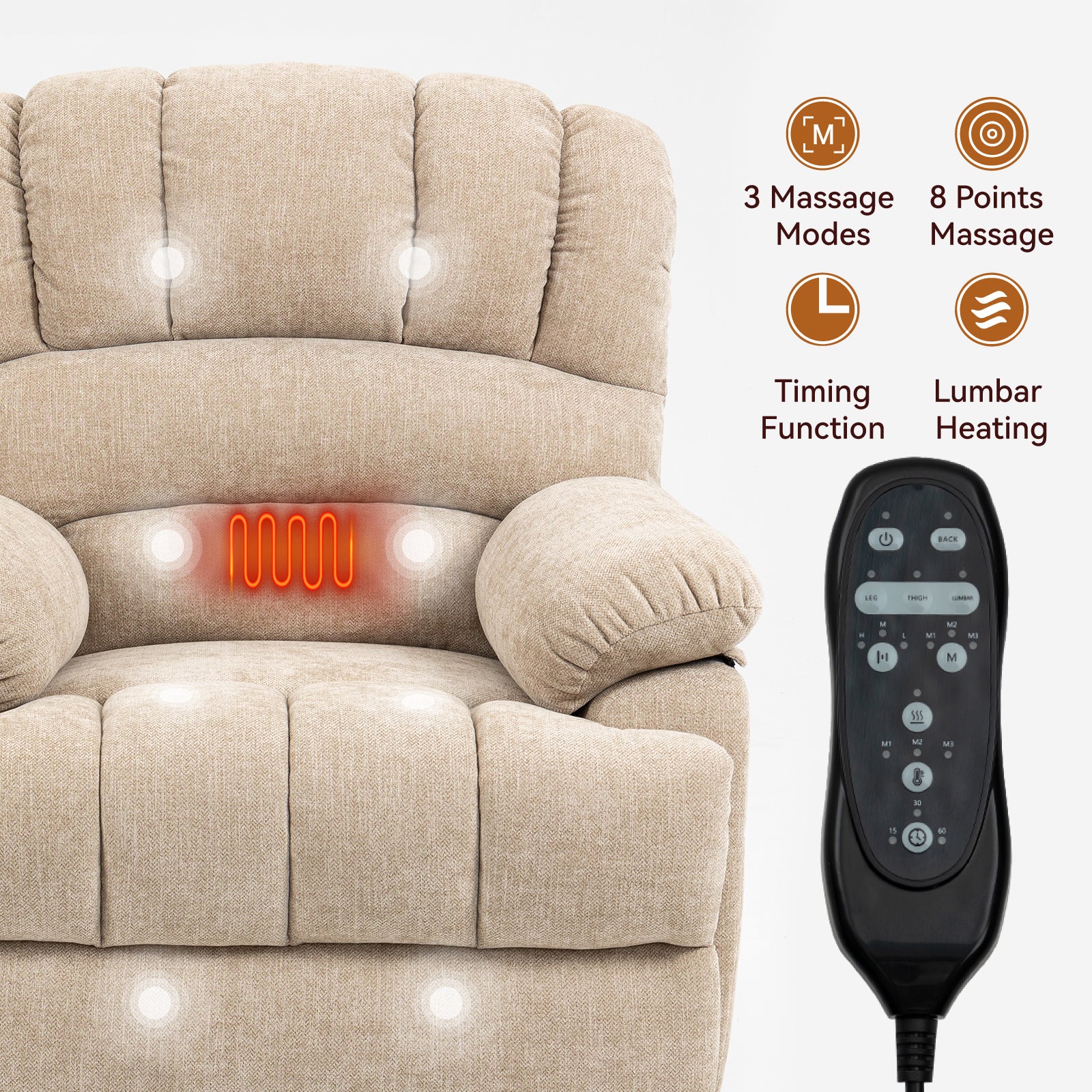 23" Seat Width And High Back Large Size Beige Chenille Power Lift Recliner Chair With 8 Point Vibration Massage And Lumbar Heating Beige Power Push Button Medium Firm Pillow Back Heavy Duty Pillow Top Arms Fiber Foam And Polyester Fiber Pad Chenille