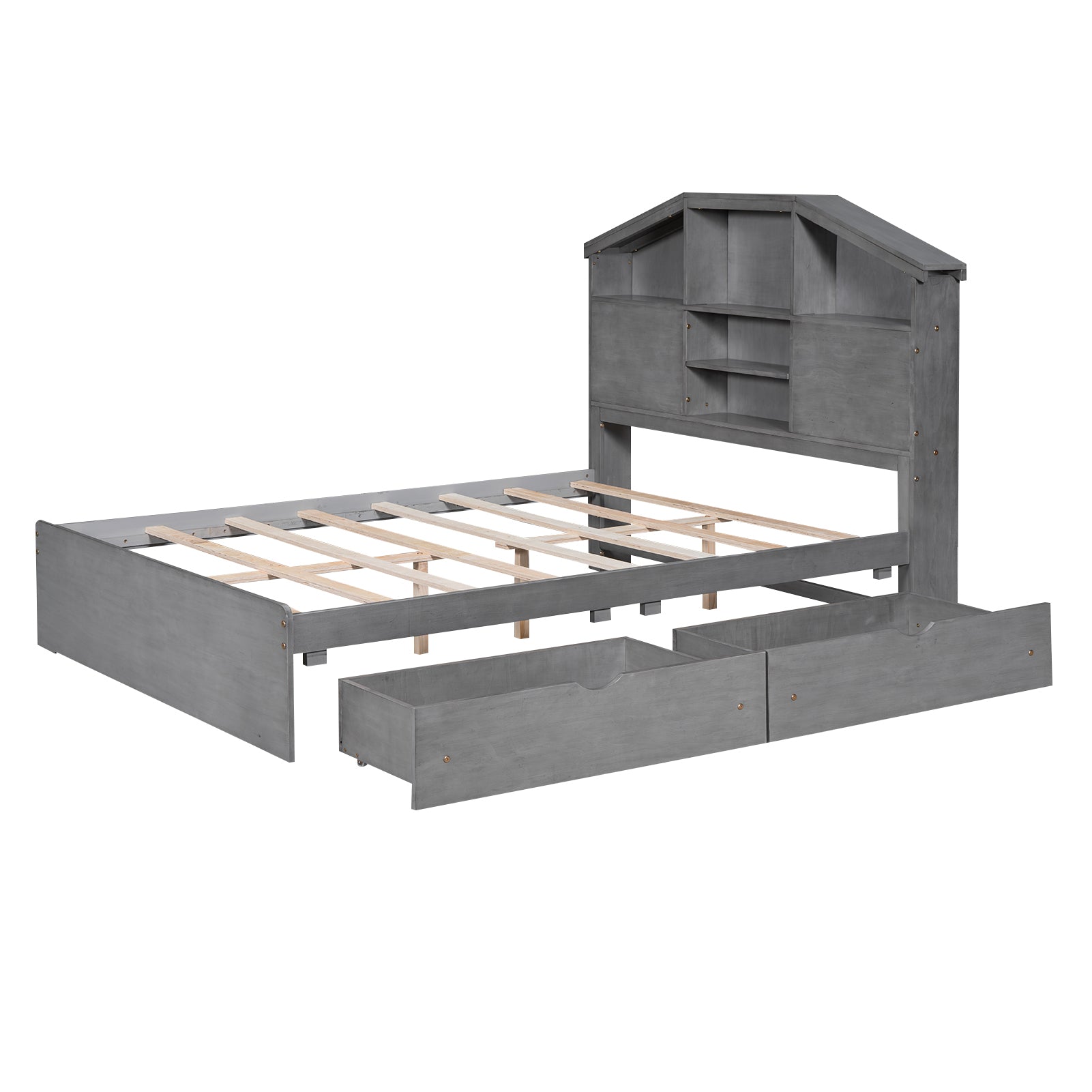 Full Size Wood Platform Bed With House Shaped Storage Headboard And 2 Drawers, Gray Box Spring Not Required Full Gray Wood Bedroom Solid Wood Mdf