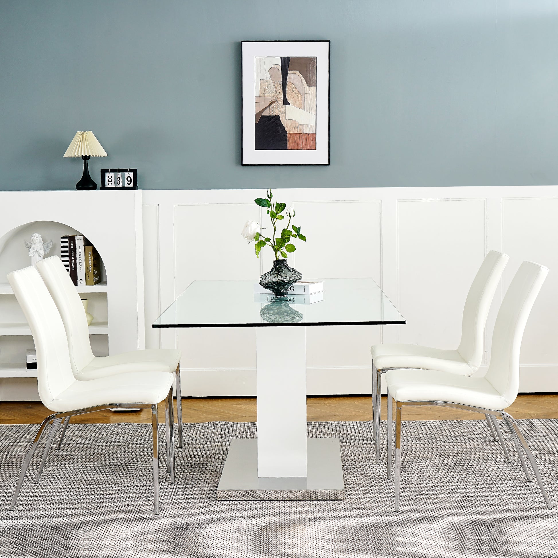 Modern Style Glass Table, Pu Fabric Chair Electroplated Chair Legs, Solid Support Base, Furniture Made Of Selected Materials To Highlight Fashion, Suitable For Living Room Use Set Of 5 White Mdf Metal