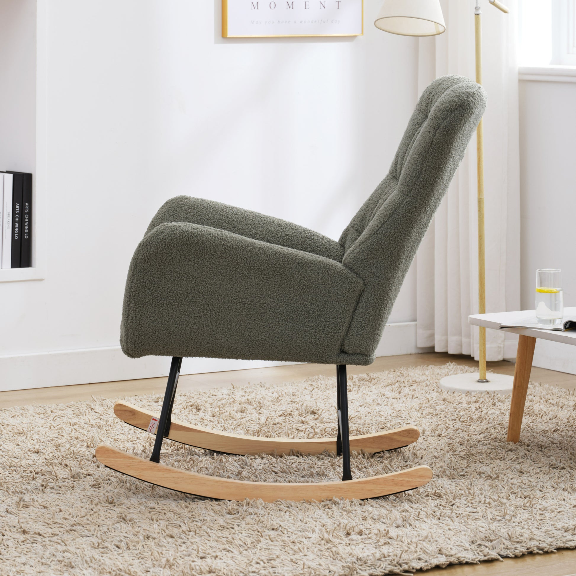 Nursery Rocking Chair, Teddy Upholstered Glider Rocker, Rocking Accent Chair With High Backrest, Comfy Rocking Accent Armchair For Living Room, Bedroom, Offices, Green Iron Green Primary Living Space Varnished Sponge Square Casual Rocking Chairs