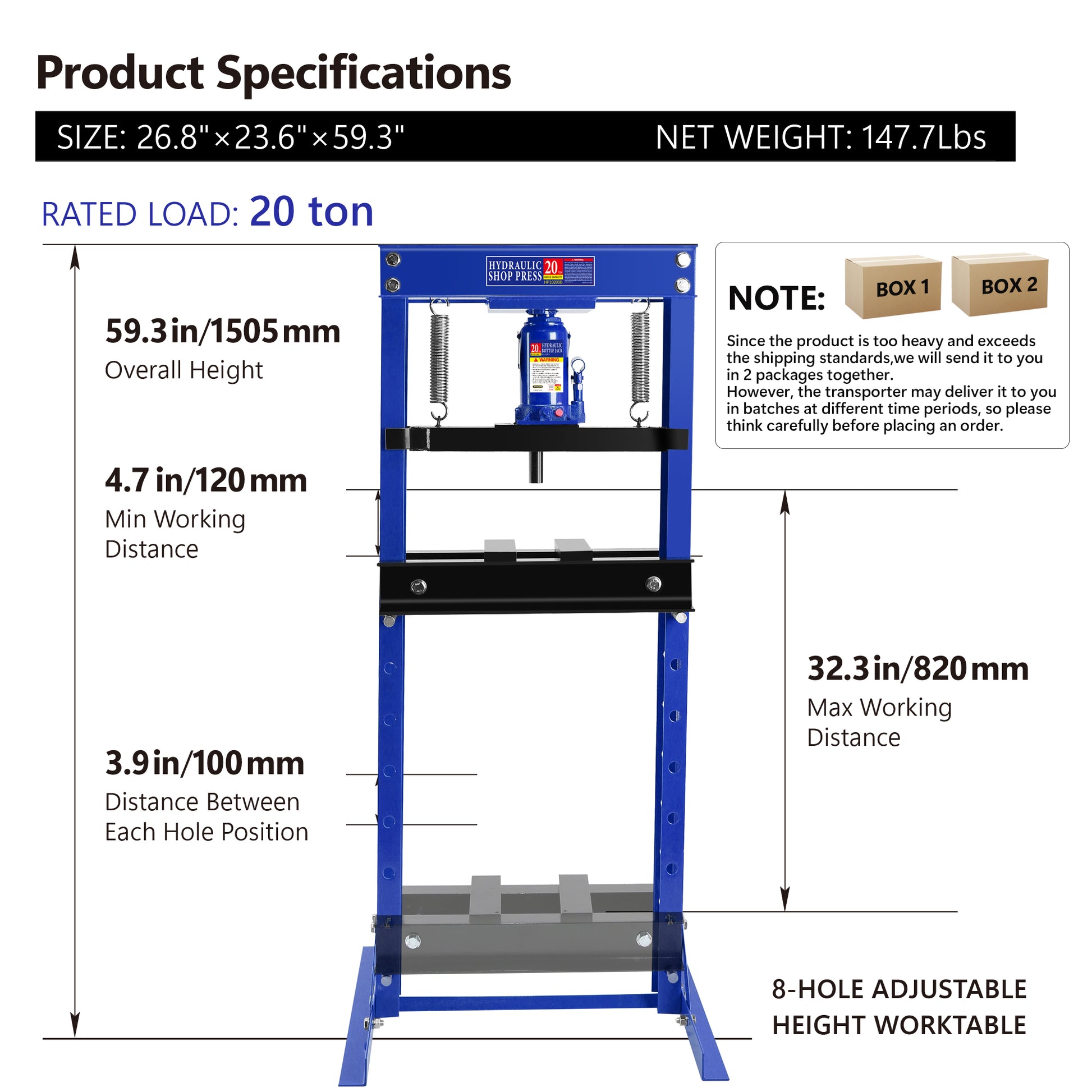 Hydraulic Shop Floor Press 20 Ton Steel H Frame Shop Press With Steel Plates Adjustable Working Table, Floor Stand Jack For Gears And Bearings Blue Steel