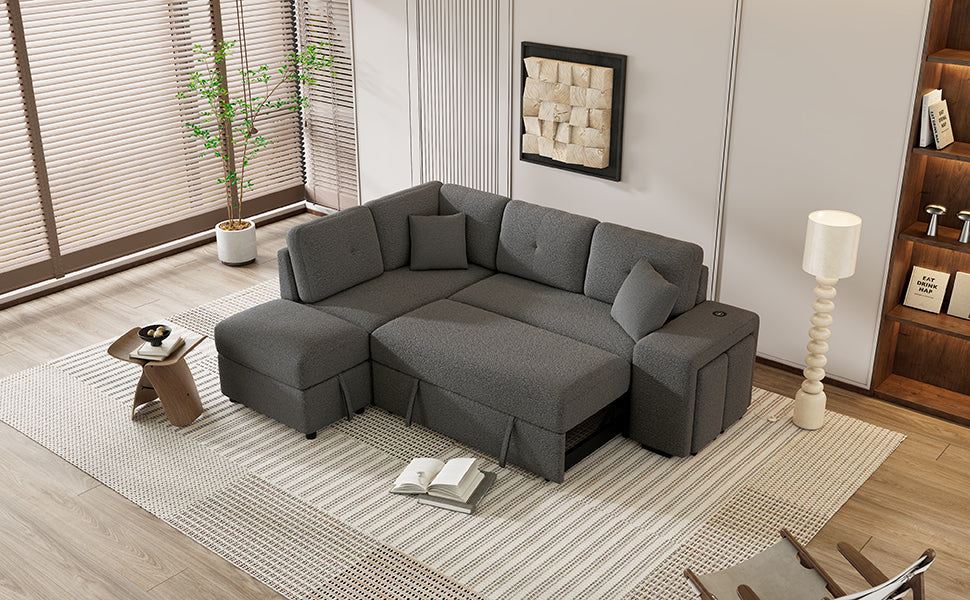 87.7" Convertible Sleeper, Sectional Pull Out Sofa Bed With Storage Ottoman, 2 Throw Pillows, 2 Stools, Wireless Charger And Two Hidden Usb Ports For Living Room, Dark Gray Dark Gray Chenille 4 Seat