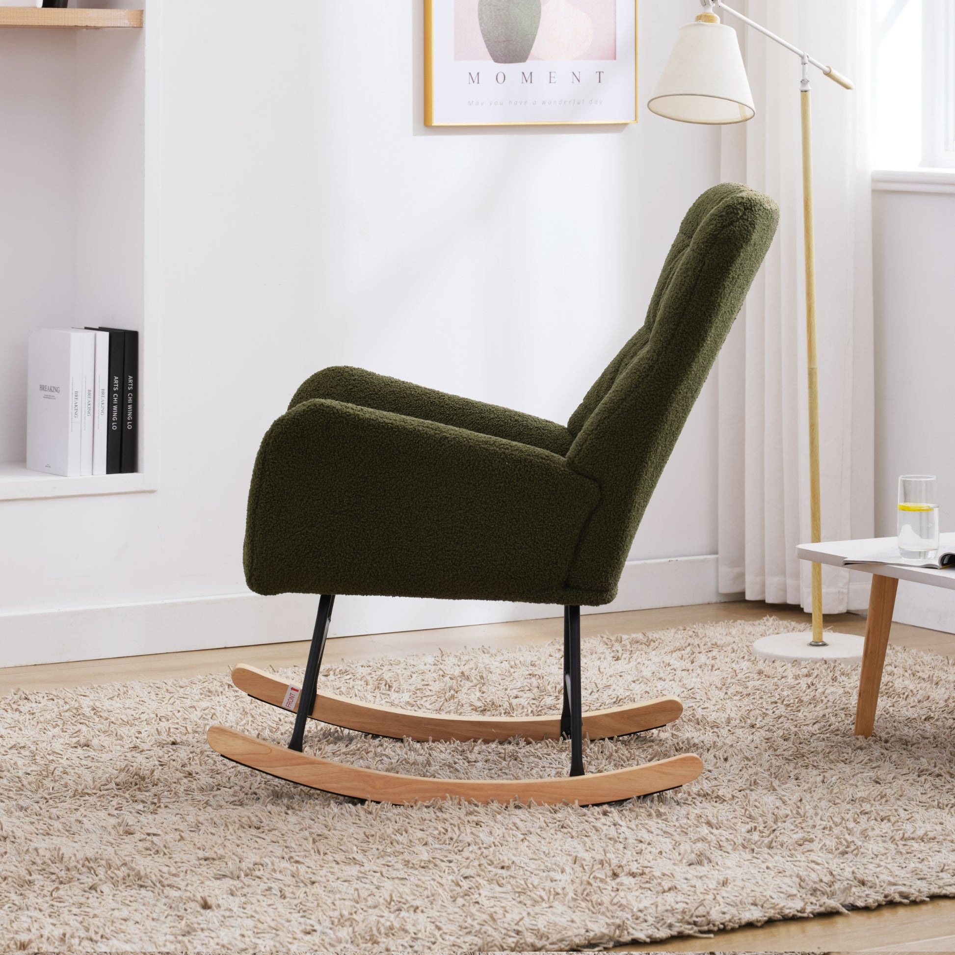 Nursery Rocking Chair, Teddy Upholstered Glider Rocker, Rocking Accent Chair With High Backrest, Comfy Rocking Accent Armchair For Living Room, Bedroom, Offices, Dark Green Iron Dark Green Primary Living Space Varnished Sponge Square Casual Rocking