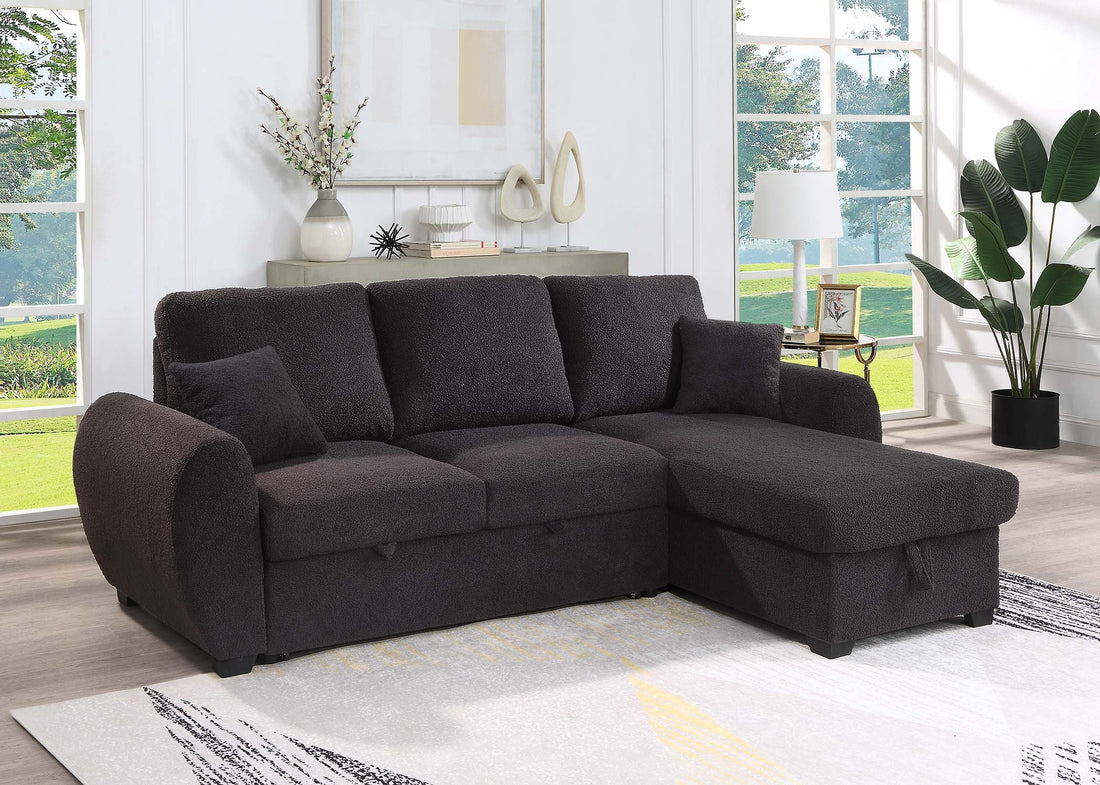 Veronica 95" Black Teddy Fleece Reversible Sleeper Sectional Sofa With Storage Chaise Black Teddy