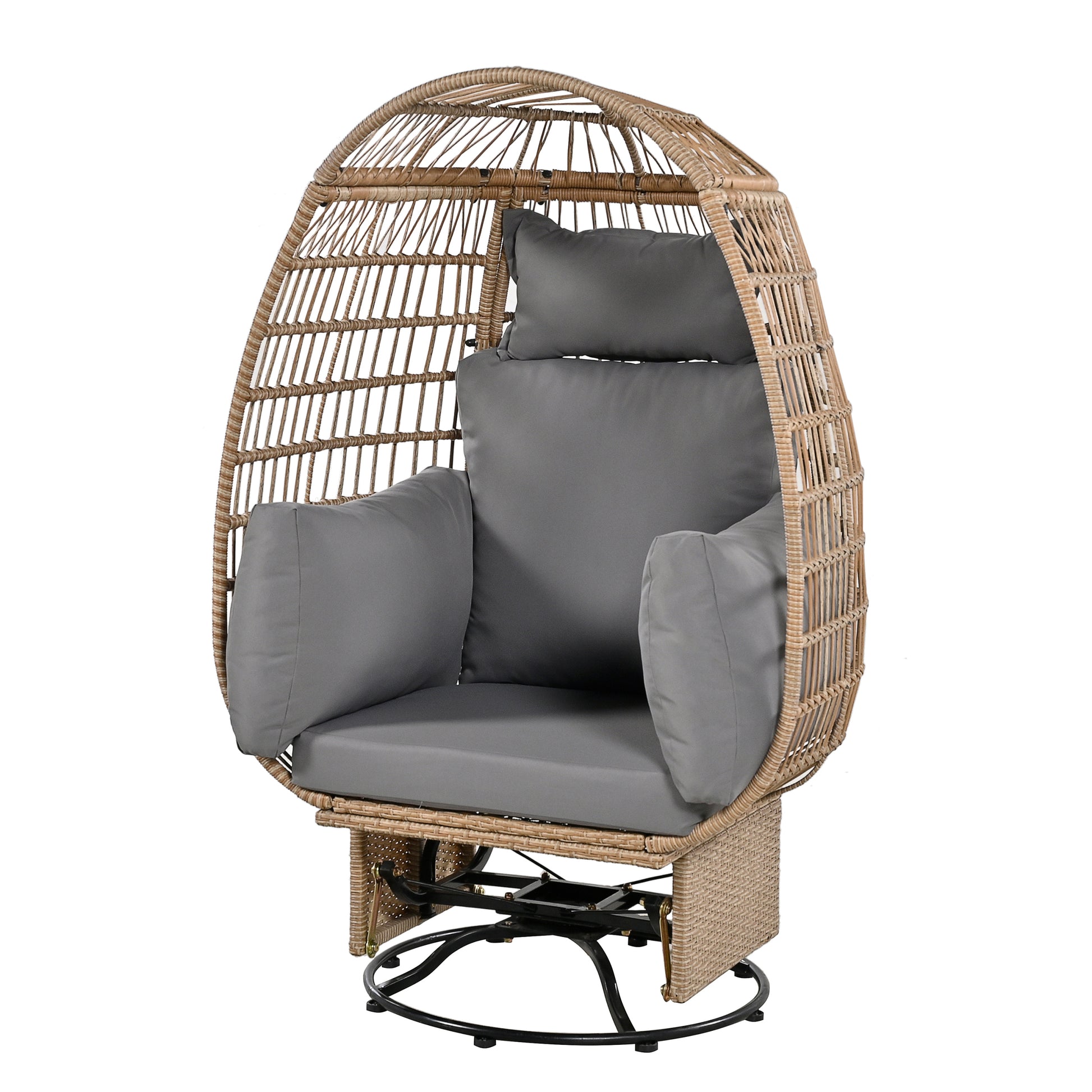 Outdoor Swivel Chair With Cushions, Rattan Egg Patio Chair With Rocking Function For Balcony, Poolside And Garden Natural Wicker Grey Cushion Natural Grey Wicker