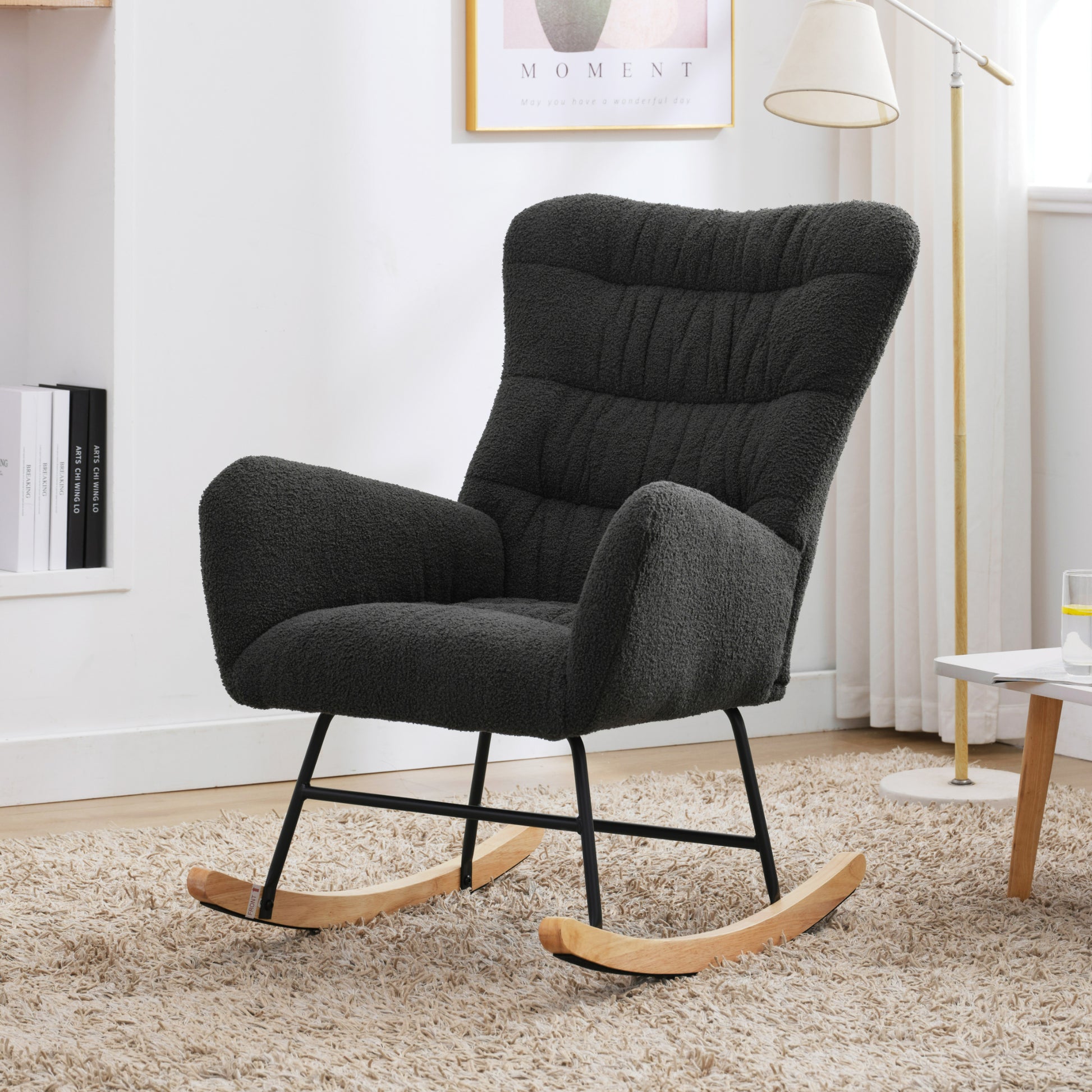 Nursery Rocking Chair, Teddy Upholstered Glider Rocker, Rocking Accent Chair With High Backrest, Comfy Rocking Accent Armchair For Living Room, Bedroom, Offices, Dark Gray Iron Dark Gray Primary Living Space Varnished Sponge Square Casual Rocking Chairs