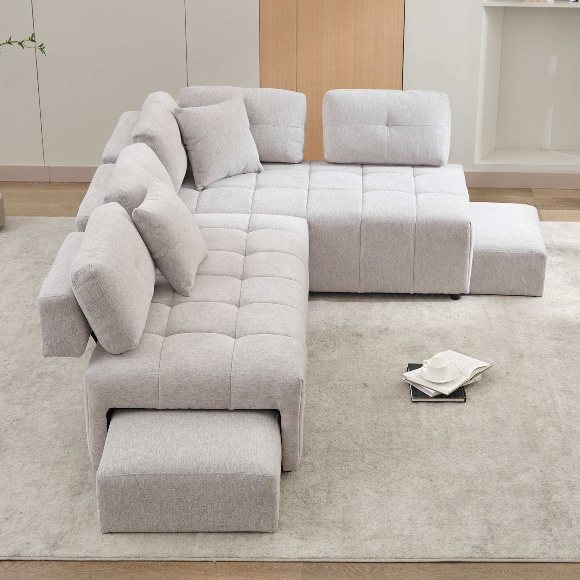 91.73" L Shaped Sofa Sectional Sofa Couch With 2 Stools And 2 Lumbar Pillows For Living Room, Light Grey Light Grey Chenille