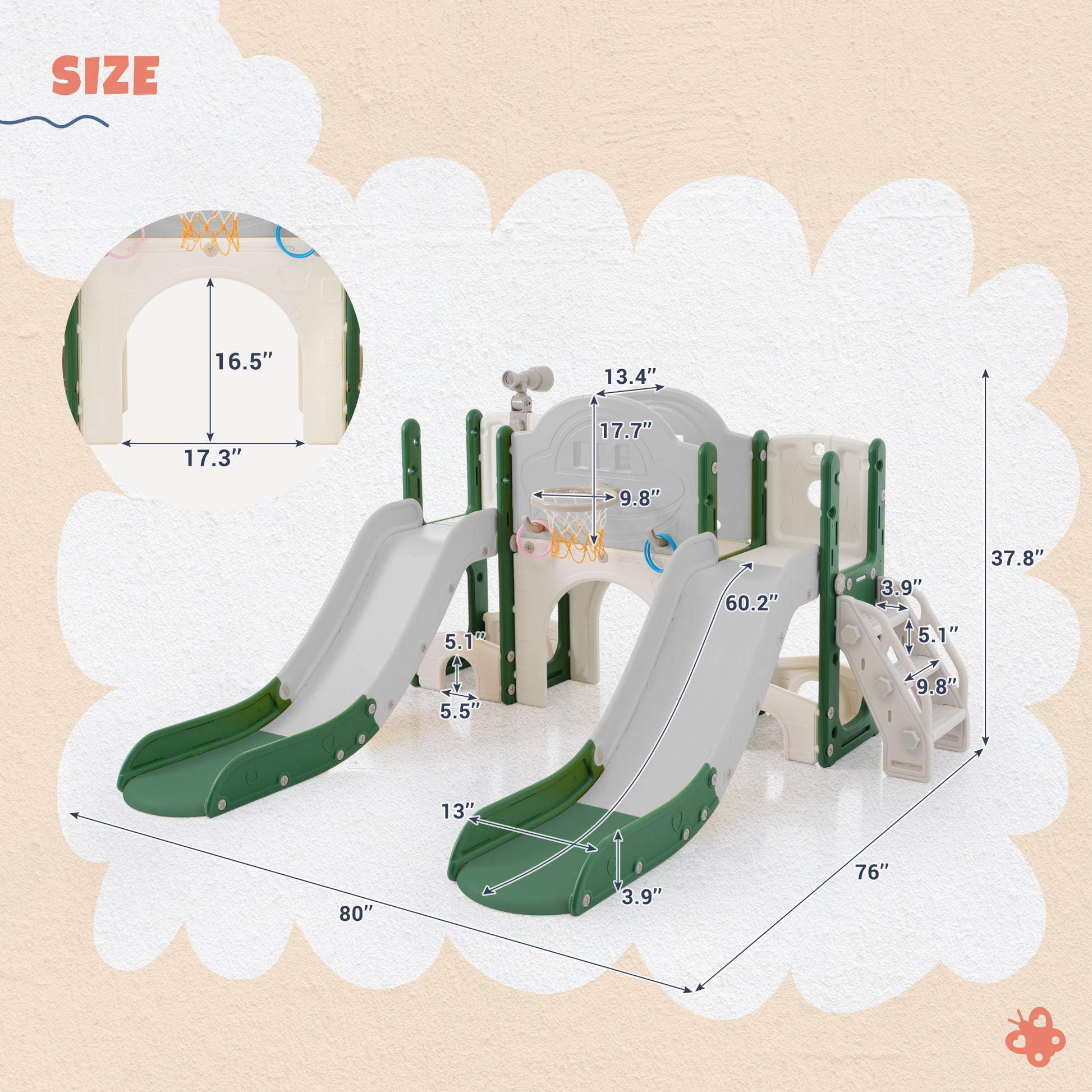 Kids Slide Playset Structure 7 In 1, Freestanding Space Set With Slide, Arch Tunnel, Ring Toss And Basketball Hoop,Double Slides For Toddlers, Kids Climbers Playground Green Hdpe