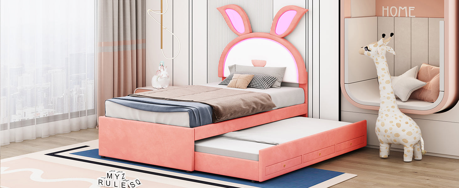 Twin Size Upholstered Platform Bed With Trundle And 3 Drawers, Rabbit Shaped Headboard With Embedded Led Lights, Pink Pink Velvet