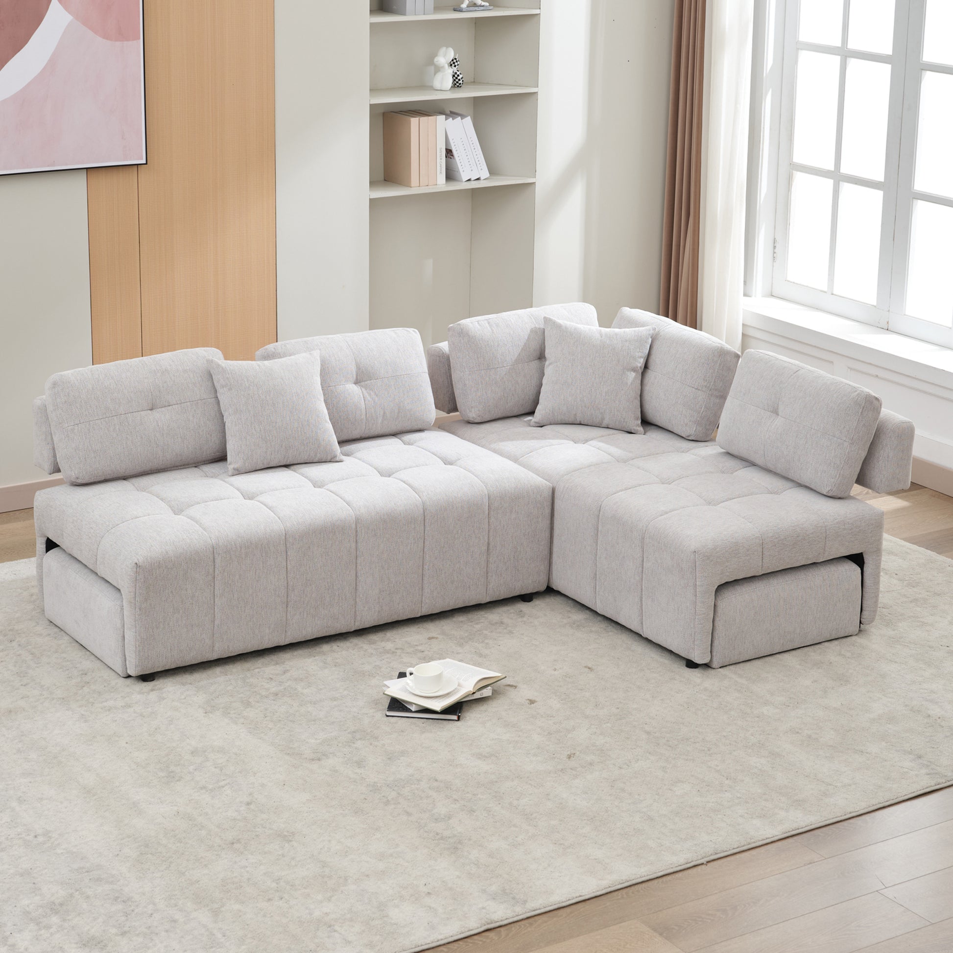 91.73" L Shaped Sofa Sectional Sofa Couch With 2 Stools And 2 Lumbar Pillows For Living Room, Light Grey Light Grey Chenille