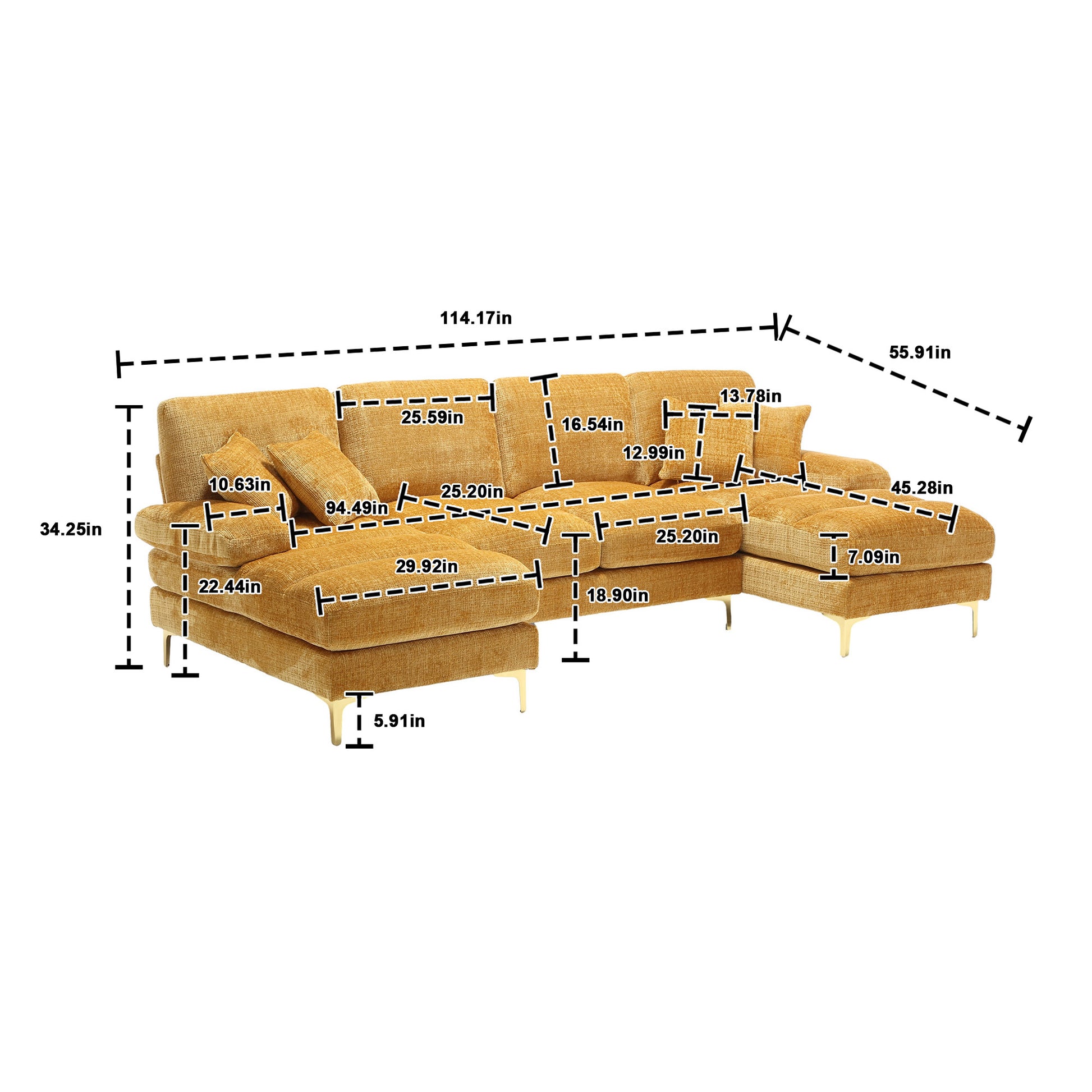 United Modern Large Chenille Fabric U Shape Sectional Sofa Yellow Chenille