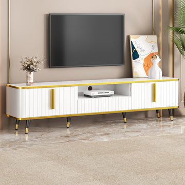 Luxury Minimalism Tv Stand With Open Storage Shelf For Tvs Up To 85", Entertainment Center With Cabinets And Drawers, Practical Media Console With Unique Legs For Living Room, White White Gold Primary Living Space 80 89 Inches 80 89 Inches 85 Inches