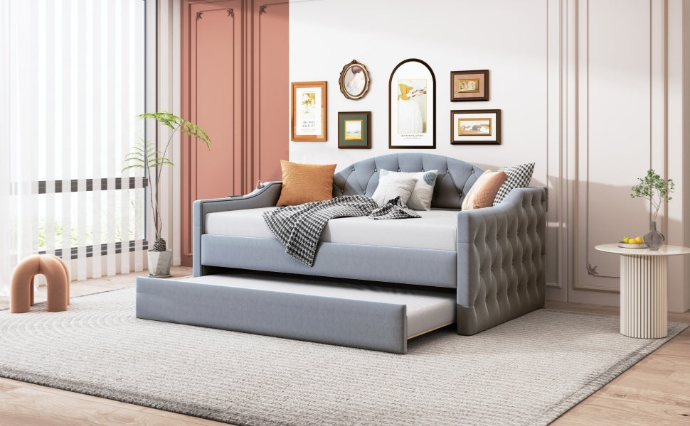 Twin Size Tufted Upholstered Daybed With Trundle ,Velvet Sofabed With Usb&Type C Charging Ports,No Box Spring Needed, Gray Gray Velvet