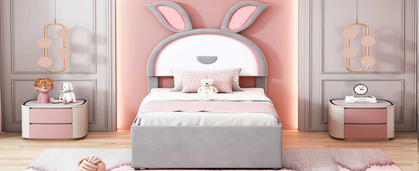 Twin Size Upholstered Platform Bed With Trundle And 3 Drawers, Rabbit Shaped Headboard With Embedded Led Lights, Gray Gray Velvet