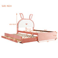 Full Size Upholstered Platform Bed With Trundle And 3 Drawers, Rabbit Shaped Headboard With Embedded Led Lights, Pink Pink Velvet