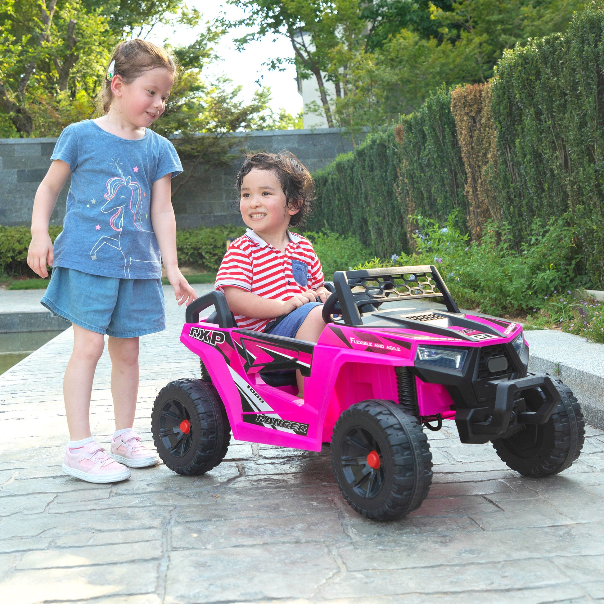 12V Kids Ride On Mini Utv, Electric Car With Front Led Lights And Horn, Single Seat With A Safety Belt, Forward Reverse Function Rose Red Polypropylene