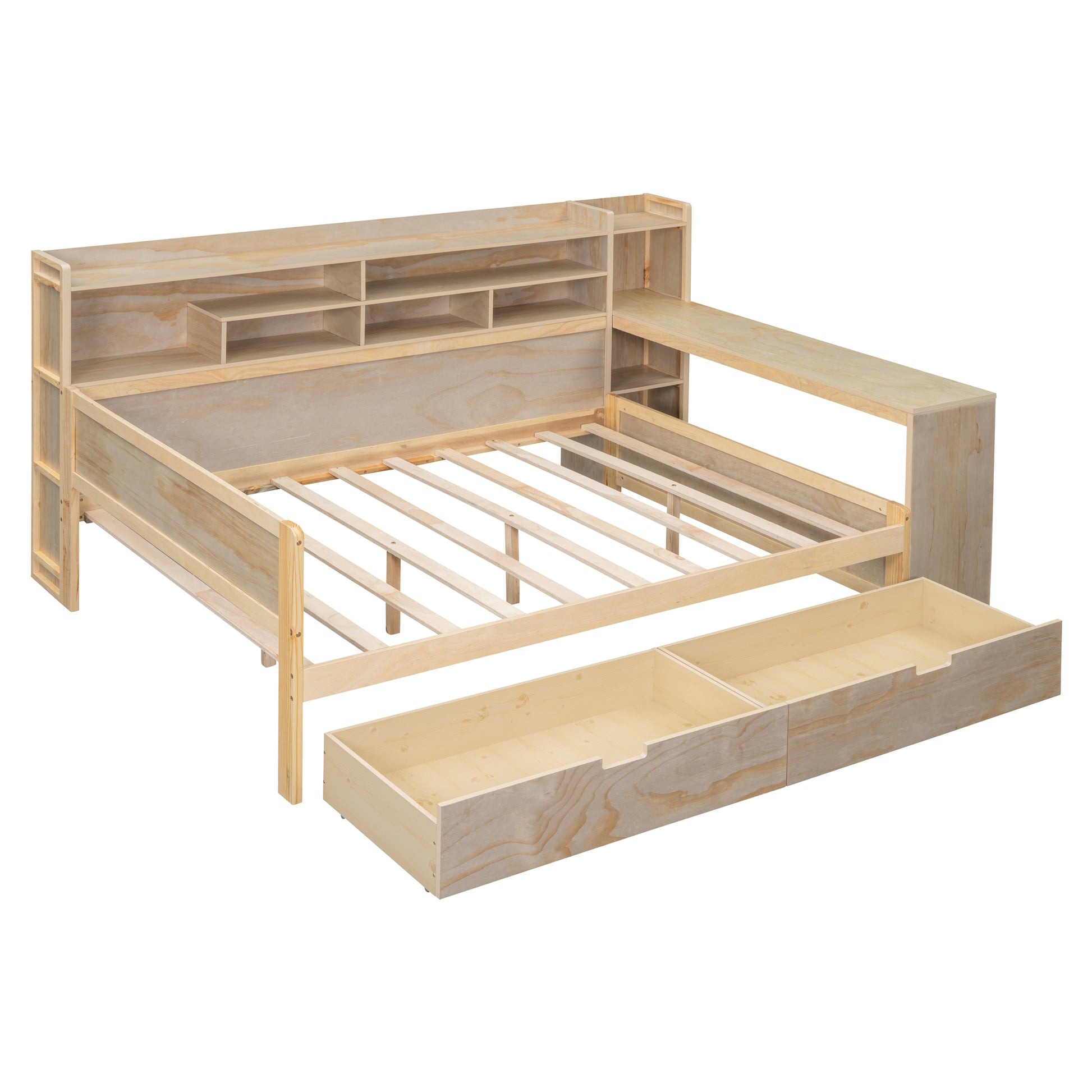 Wooden Full Size Daybed With Storage Shelves, Multi Functional Bed With Two Storage Drawers And Study Desk, Natural Full Natural Wood