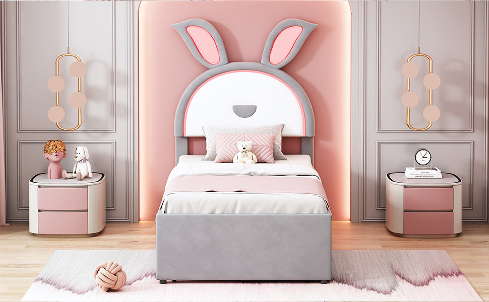 Twin Size Upholstered Platform Bed With Trundle And 3 Drawers, Rabbit Shaped Headboard With Embedded Led Lights, Gray Gray Velvet