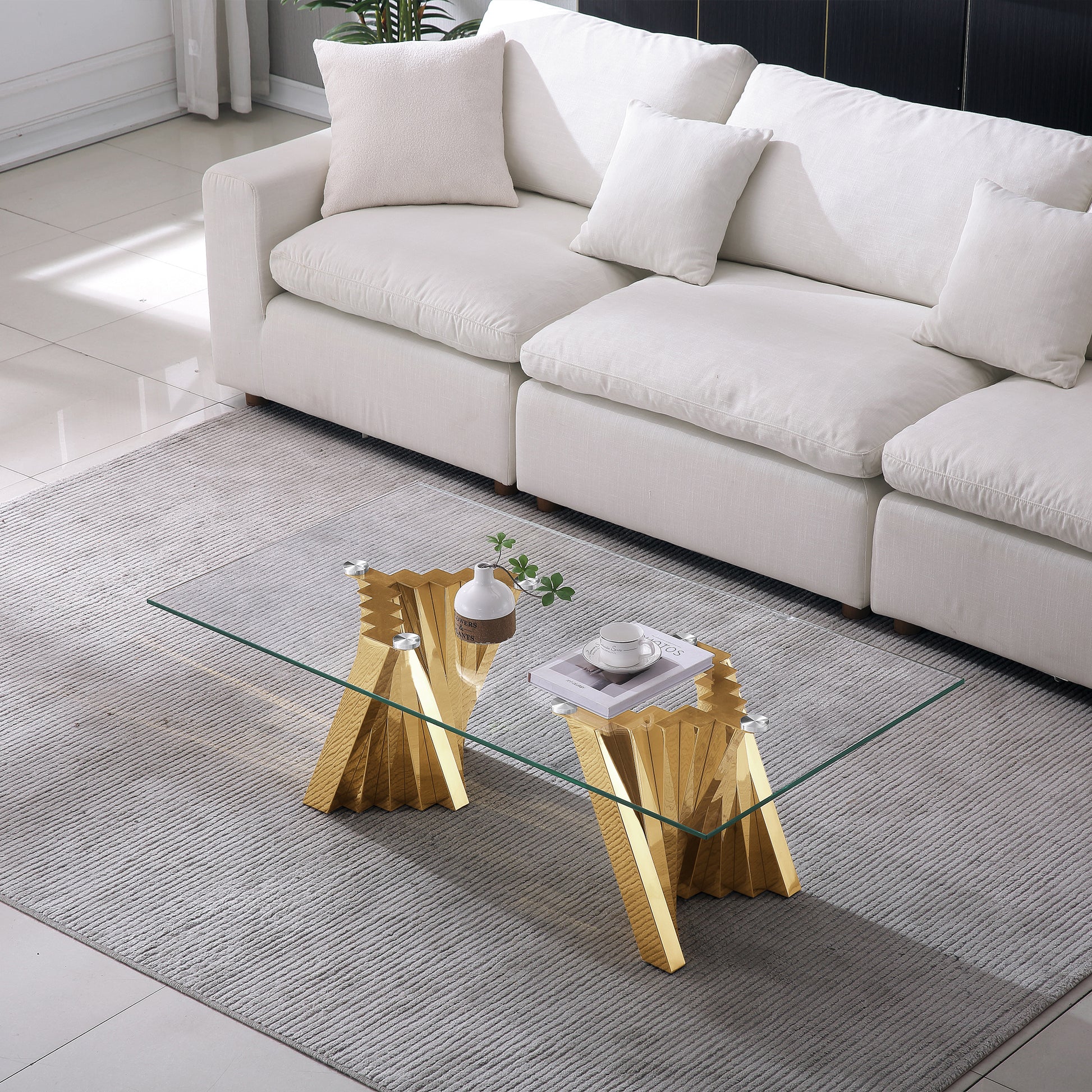 Tempered Glass Top Coffee Table With Gold Mirror Finish Stainless Steel Base Gold Tempered Glass