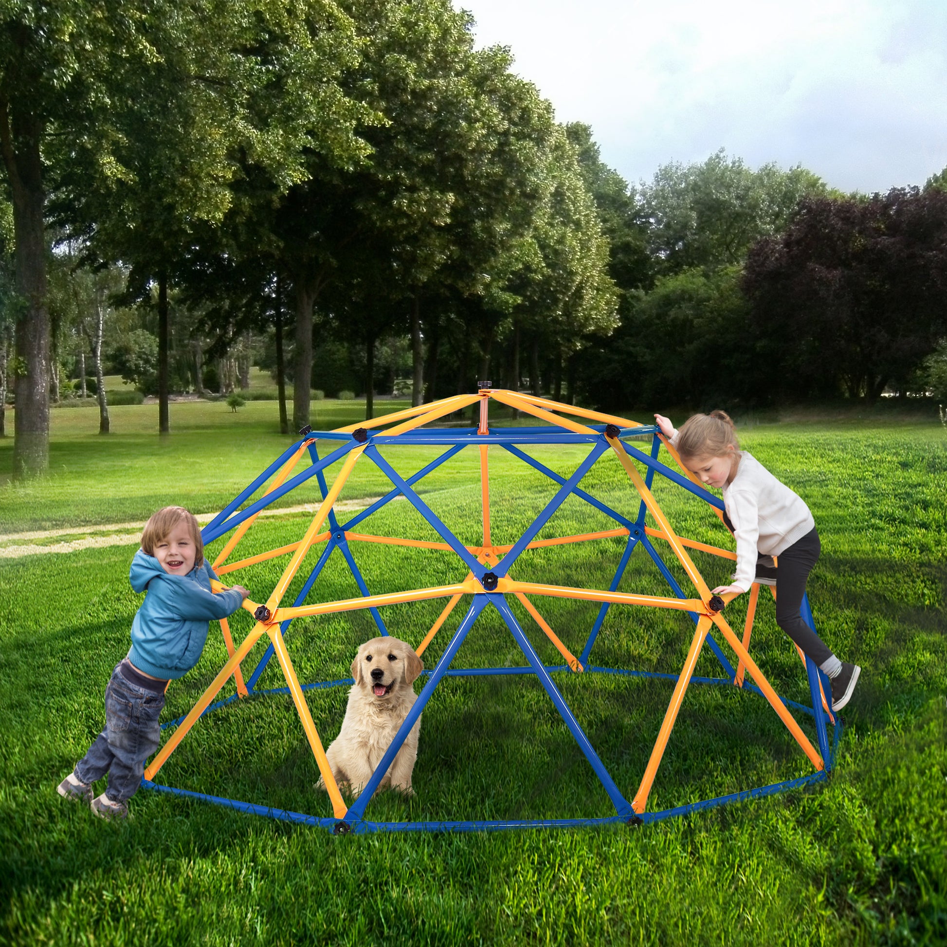 Outdoor Dome Climber, Monkey Bars Climbing Tower, Jungle Gym Playground For Kids Aged 3 10, Blue & Yellow Blue Metal