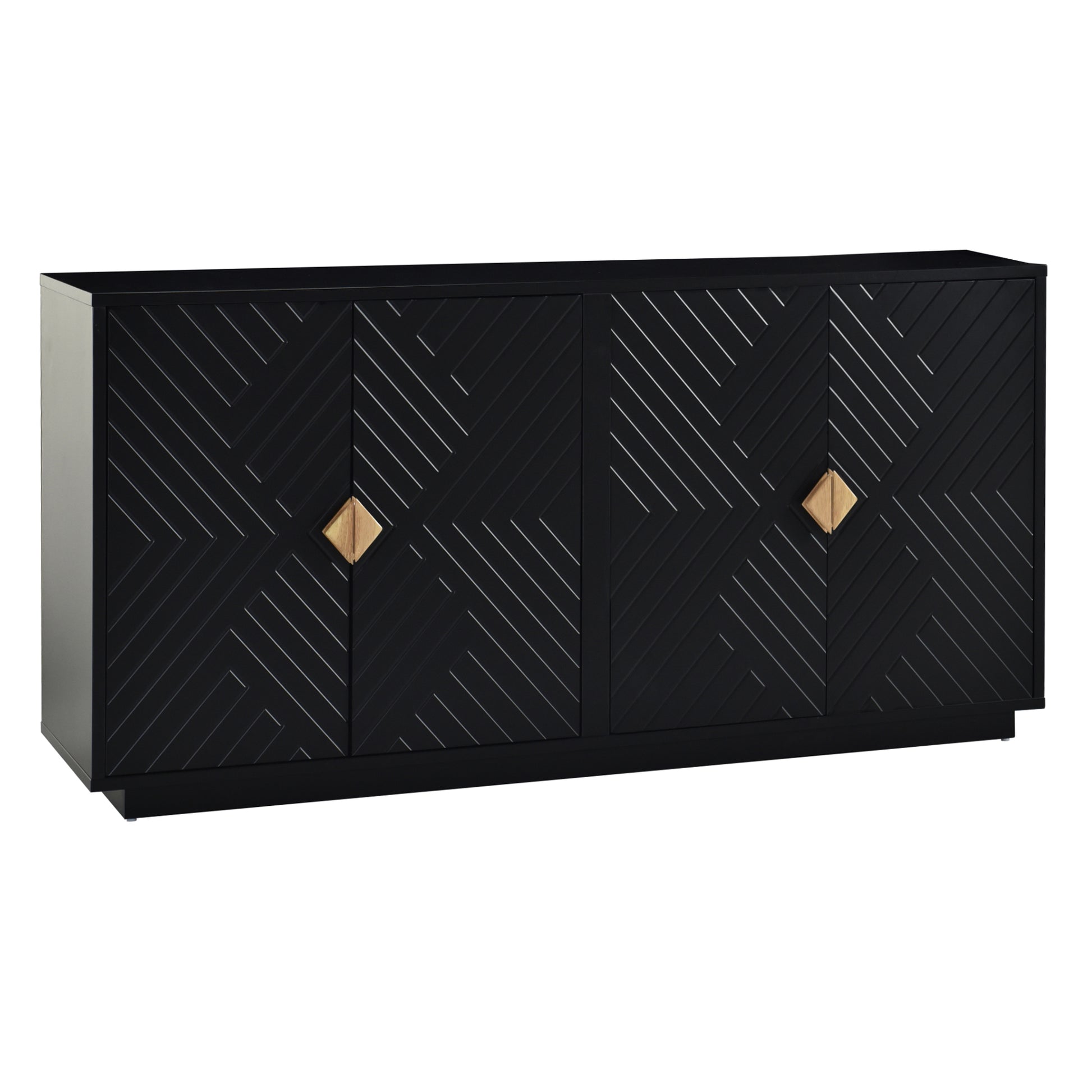 Modern Functional Large Storage Space Sideboard With Wooden Triangular Handles And Adjustable Shelves For Living Room And Dining Room Black Black Mdf