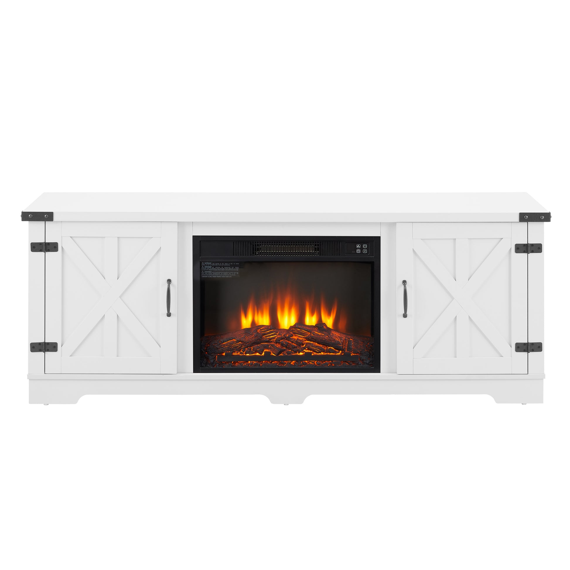 Modern Farmhouse Tv Media Stand, Large Barn Inspired Home Entertainment Console, With 23" Fireplace Insert, For Tv Up To 70'', With Open Shelves And Closed Cabinets, White, 64.8"W*15.67"D*24.29"H White 60 69 Inches 70 Inches Mdf