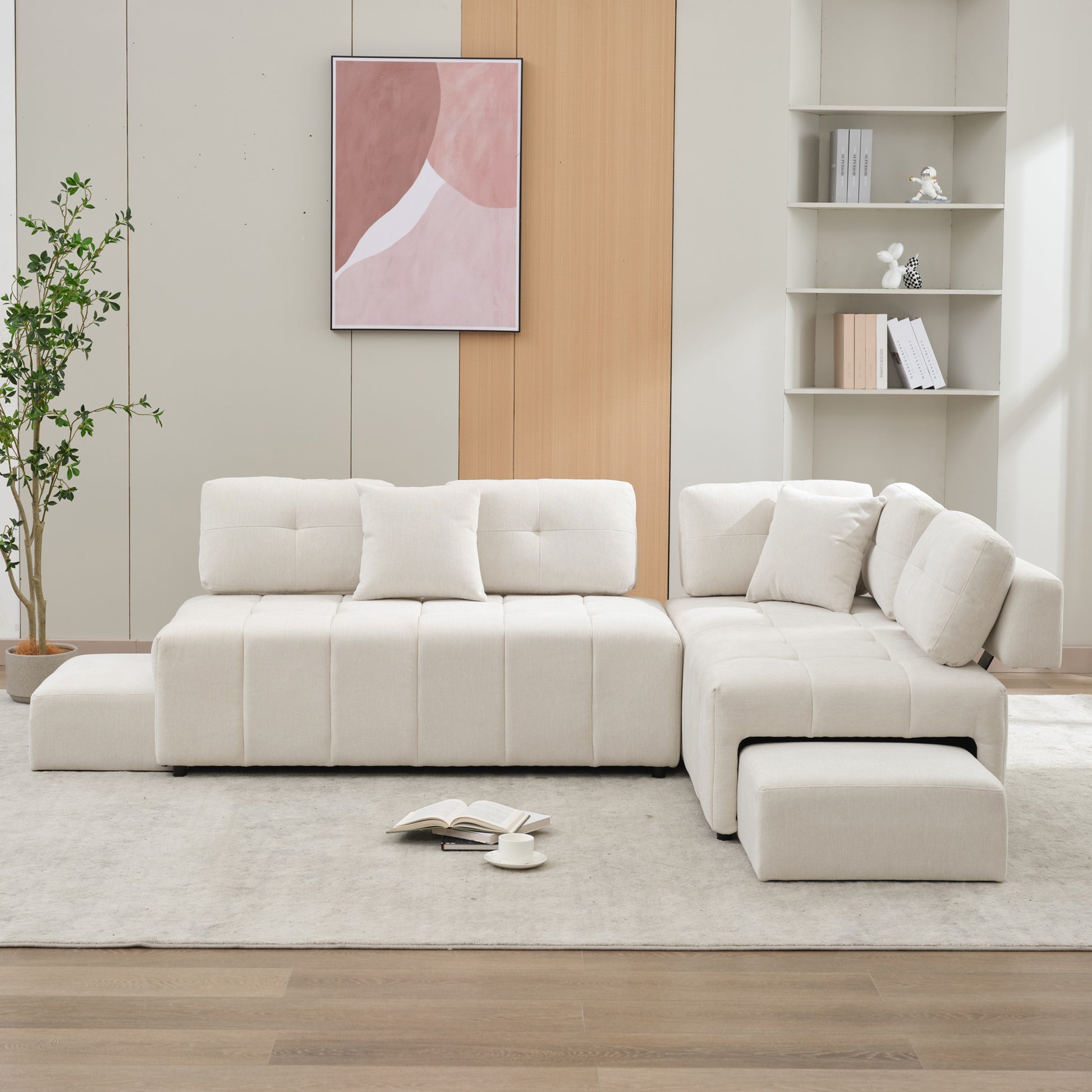 91.73" L Shaped Sofa Sectional Sofa Couch With 2 Stools And 2 Lumbar Pillows For Living Room, Biege Beige Chenille