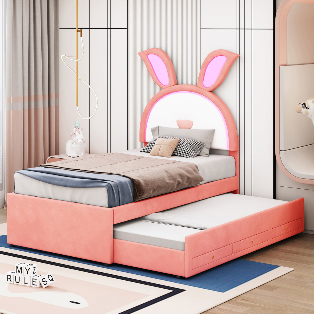 Twin Size Upholstered Platform Bed With Trundle And 3 Drawers, Rabbit Shaped Headboard With Embedded Led Lights, Pink Pink Velvet