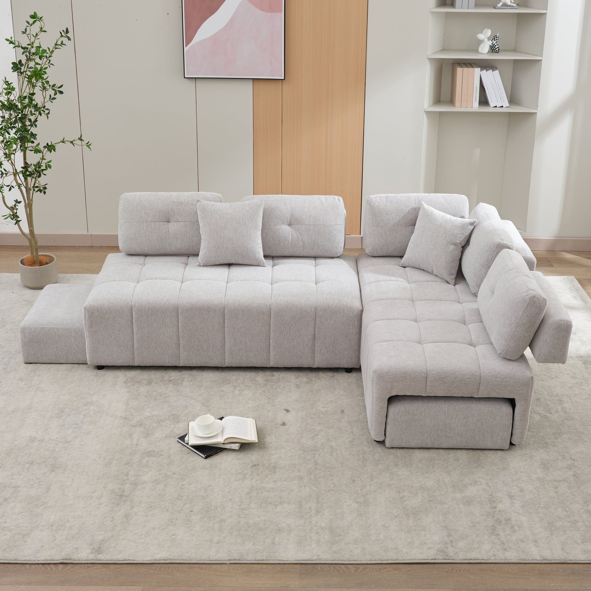 91.73" L Shaped Sofa Sectional Sofa Couch With 2 Stools And 2 Lumbar Pillows For Living Room, Light Grey Light Grey Chenille