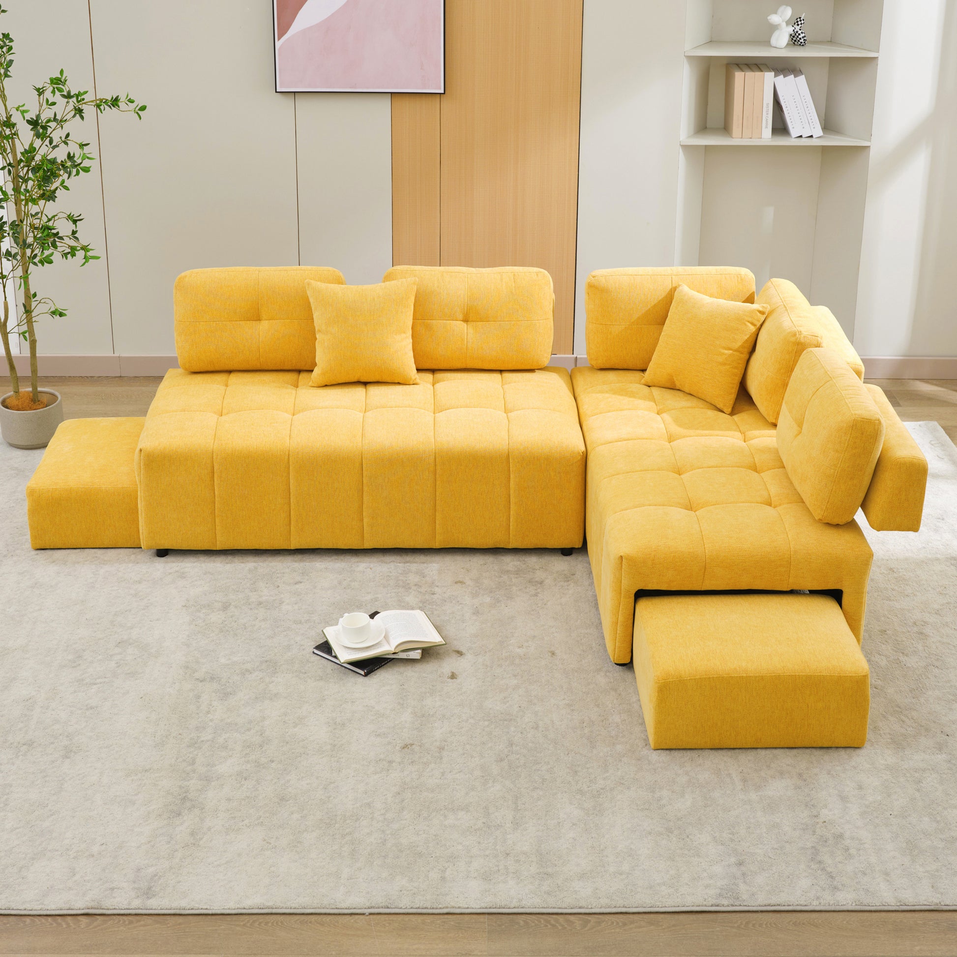 91.73" L Shaped Sofa Sectional Sofa Couch With 2 Stools And 2 Lumbar Pillows For Living Room, Yellow Yellow Chenille