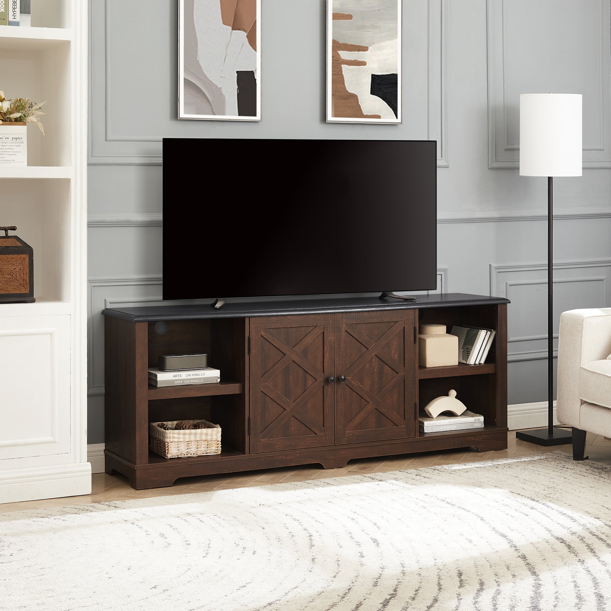 Modern Farmhouse Tv Media Stand, Large Barn Inspired Home Entertainment Console, For Tv Up To 80'', With Open Shelves And Closed Cabinets, Espresso And Black, 70"W*15.55"D*26.89"H Espresso 70 79 Inches 80 Inches Mdf