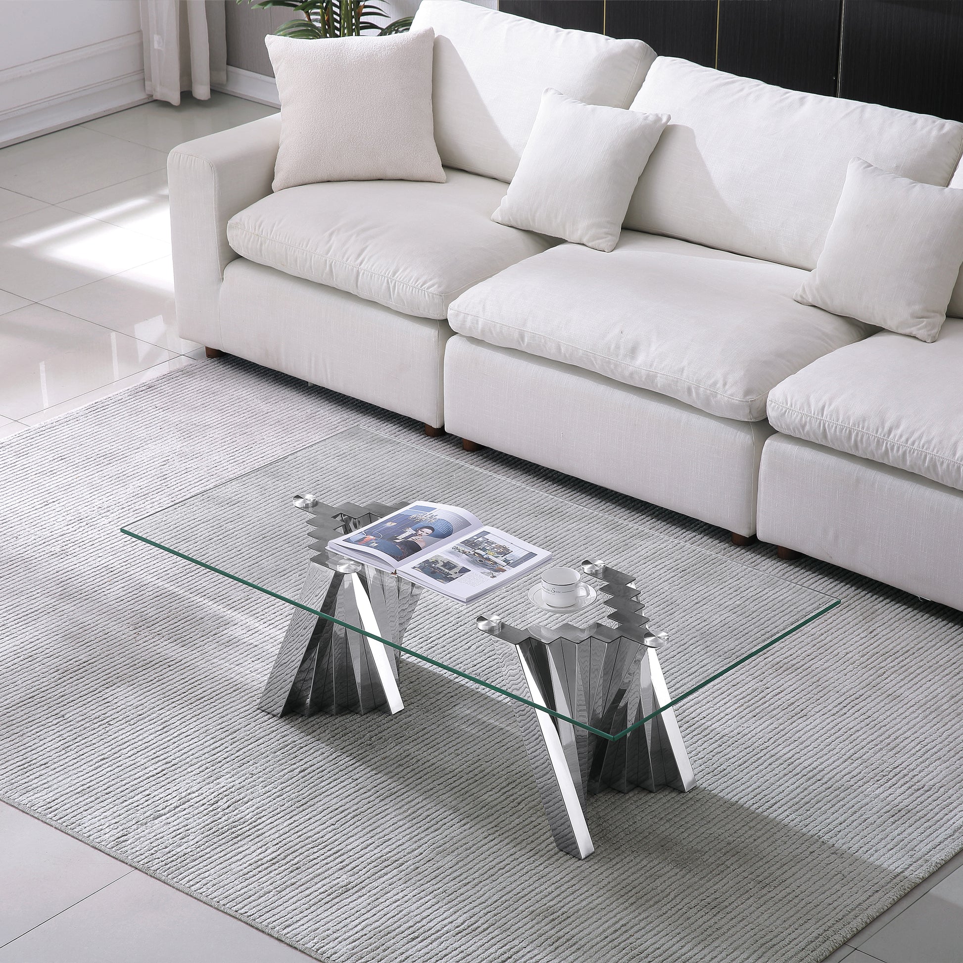 Tempered Glass Top Coffee Table With Silver Mirror Finish Stainless Steel Base Silver Tempered Glass