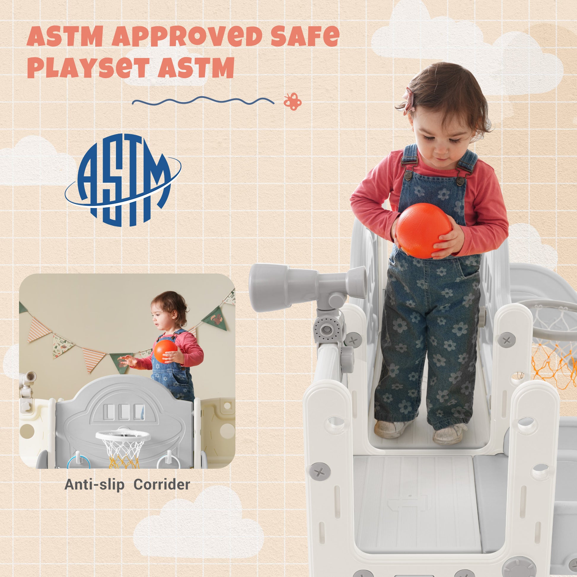 Kids Slide Playset Structure 7 In 1, Freestanding Space Set With Slide, Arch Tunnel, Ring Toss And Basketball Hoop,Double Slides For Toddlers, Kids Climbers Playground Grey White Hdpe