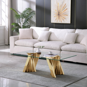 Tempered Glass Top Coffee Table With Gold Mirror Finish Stainless Steel Base Gold Tempered Glass