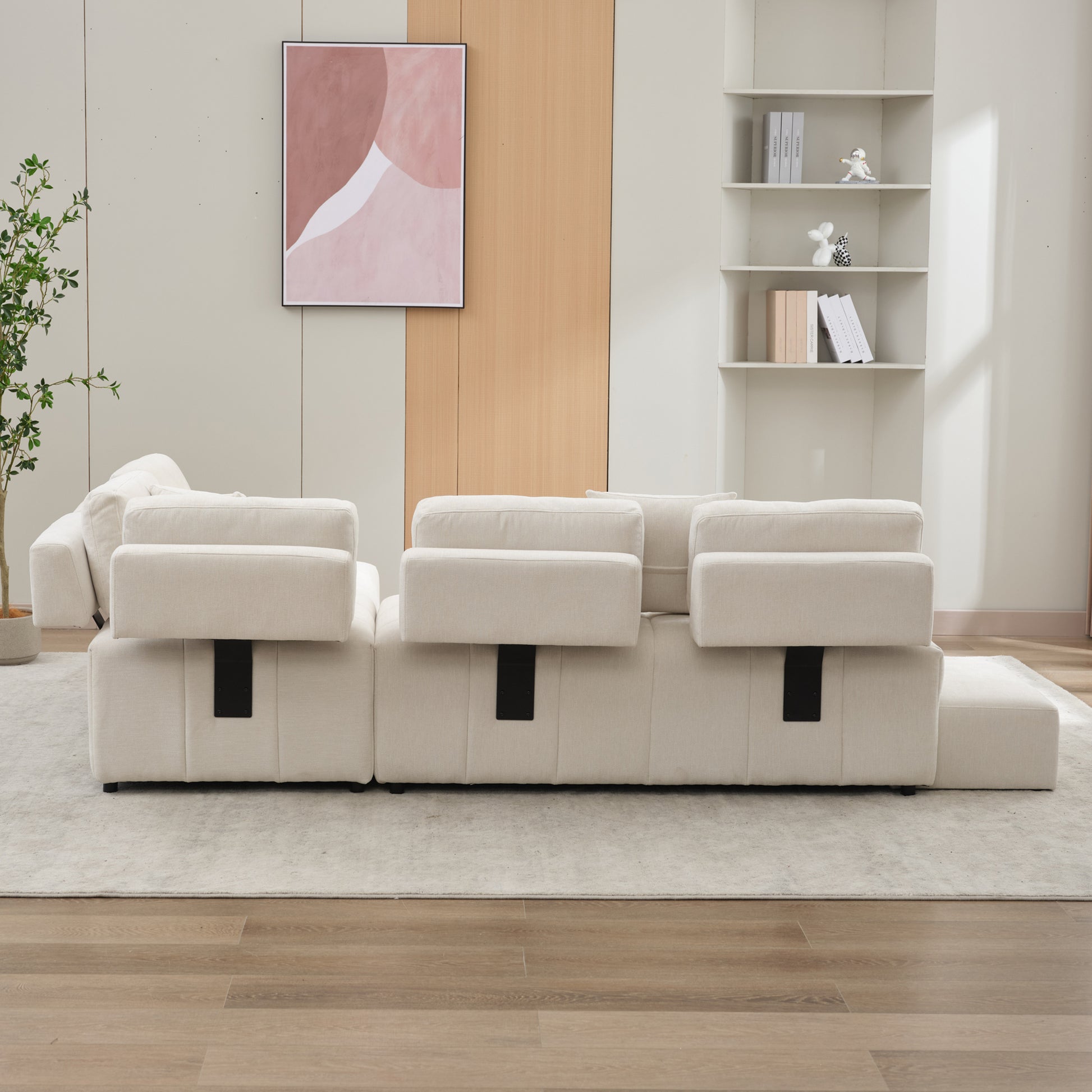 91.73" L Shaped Sofa Sectional Sofa Couch With 2 Stools And 2 Lumbar Pillows For Living Room, Biege Beige Chenille