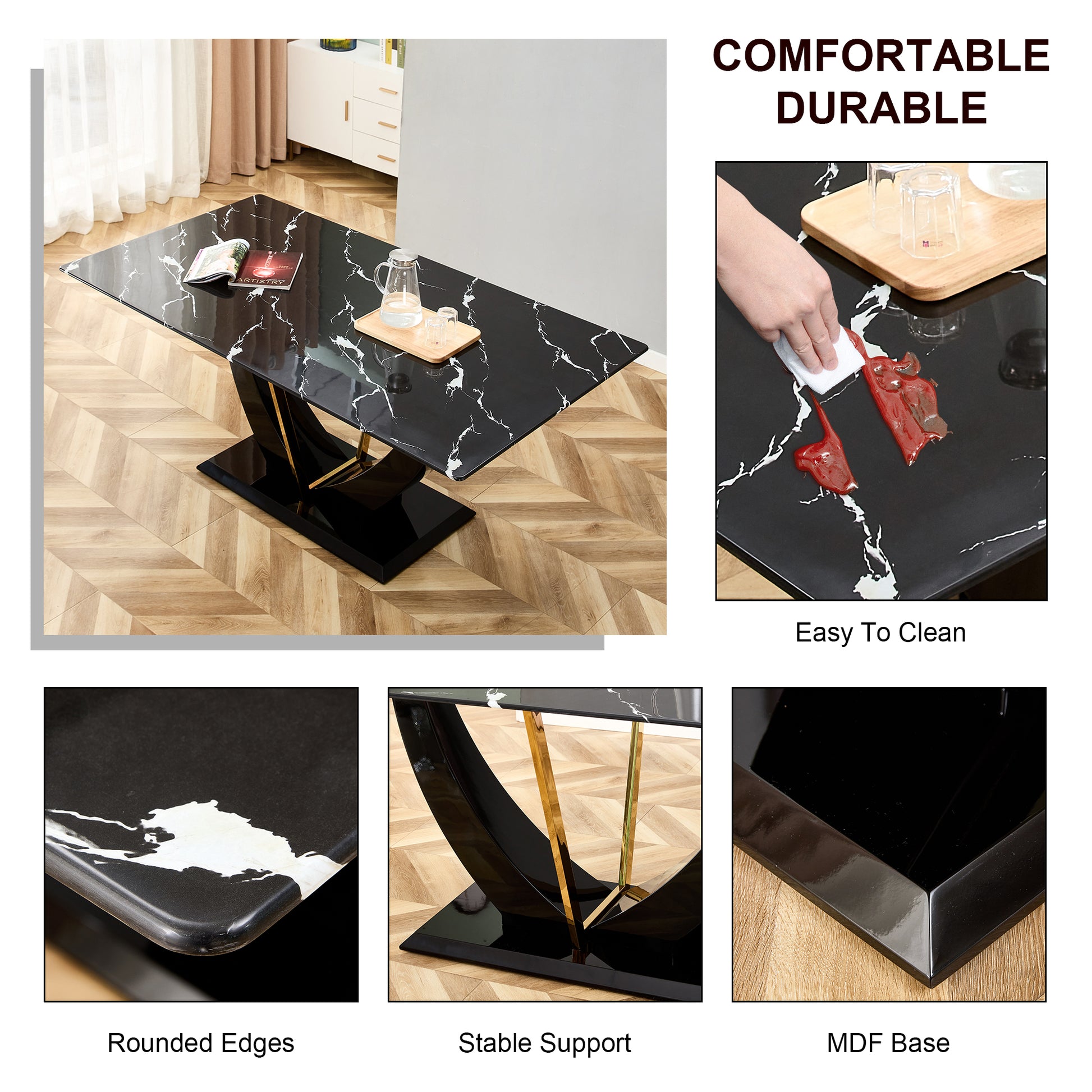 Modern Minimalist And Luxurious Black Imitation Marble Texture Dining Table Rectangular Office Desk.Game Desk .Desk.For Dining Room, Living Room, Terrace, Kitchen F 907 Black Mdf Glass