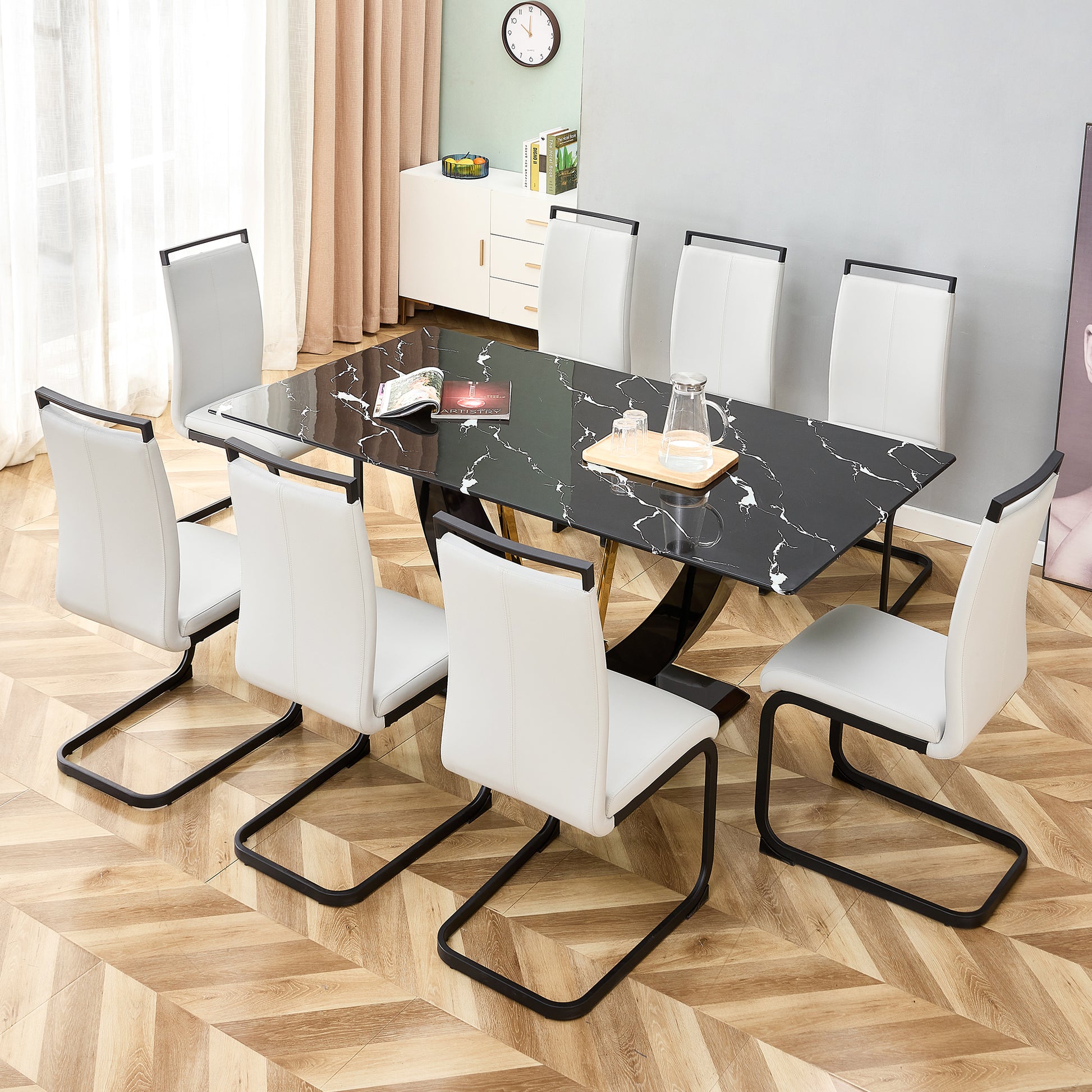 Modern Minimalist And Luxurious Black Imitation Marble Texture Dining Table Rectangular Office Desk.Game Desk .Desk.For Dining Room, Living Room, Terrace, Kitchen F 907 Black Mdf Glass