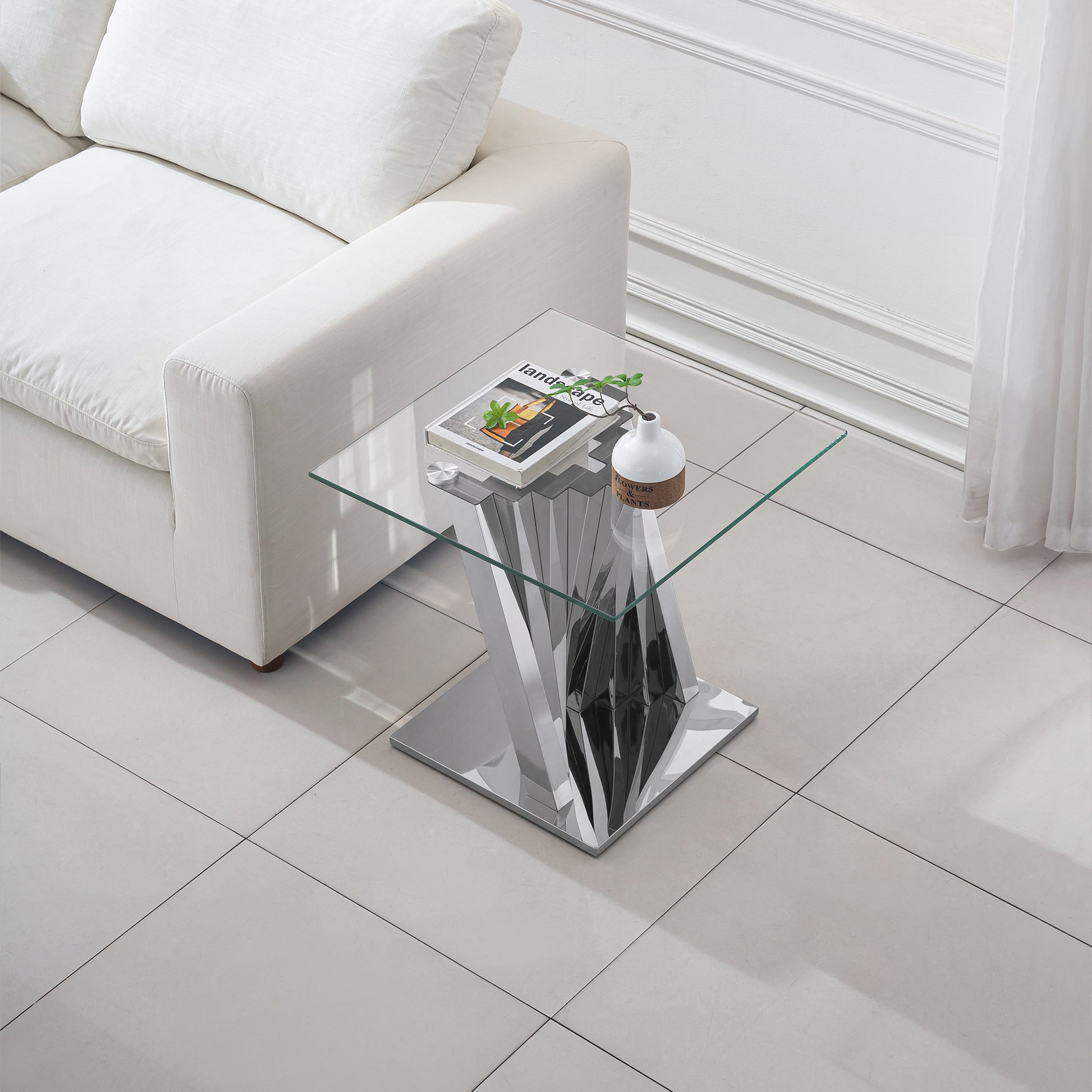 Tempered Glass Top End Table With Silver Mirror Finish Stainless Steel Base Silver Tempered Glass